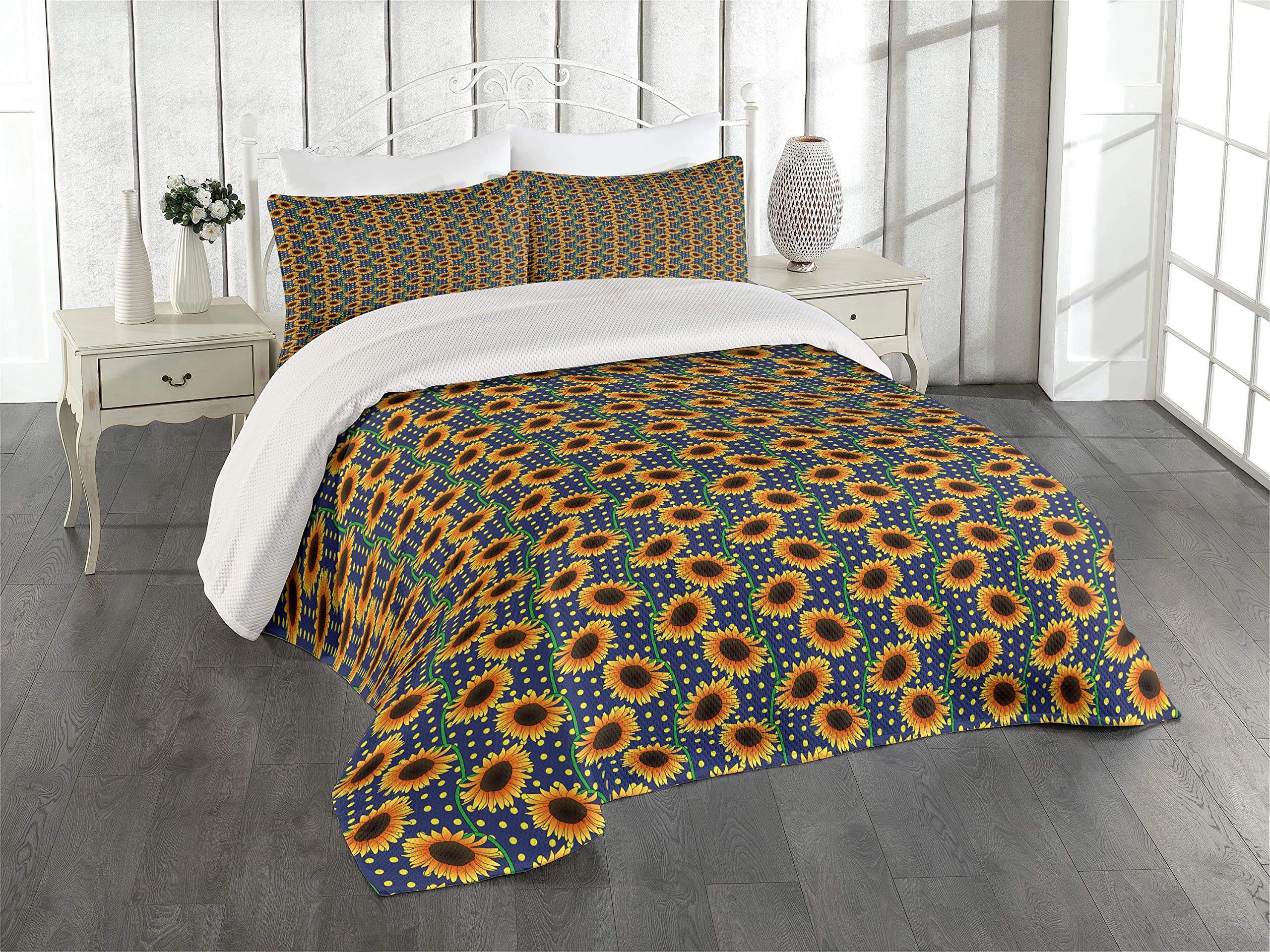 Ambesonne Orange Blue King Size 3-Piece Quilted Bedspread Set with 2 Pillow Shams - Cartoon Floral Sunflower & Polka Dot Pattern Decorative Coverlet | Perfect for Bedroom Decor, Guest Room Styling & Cozy Home Makeover
