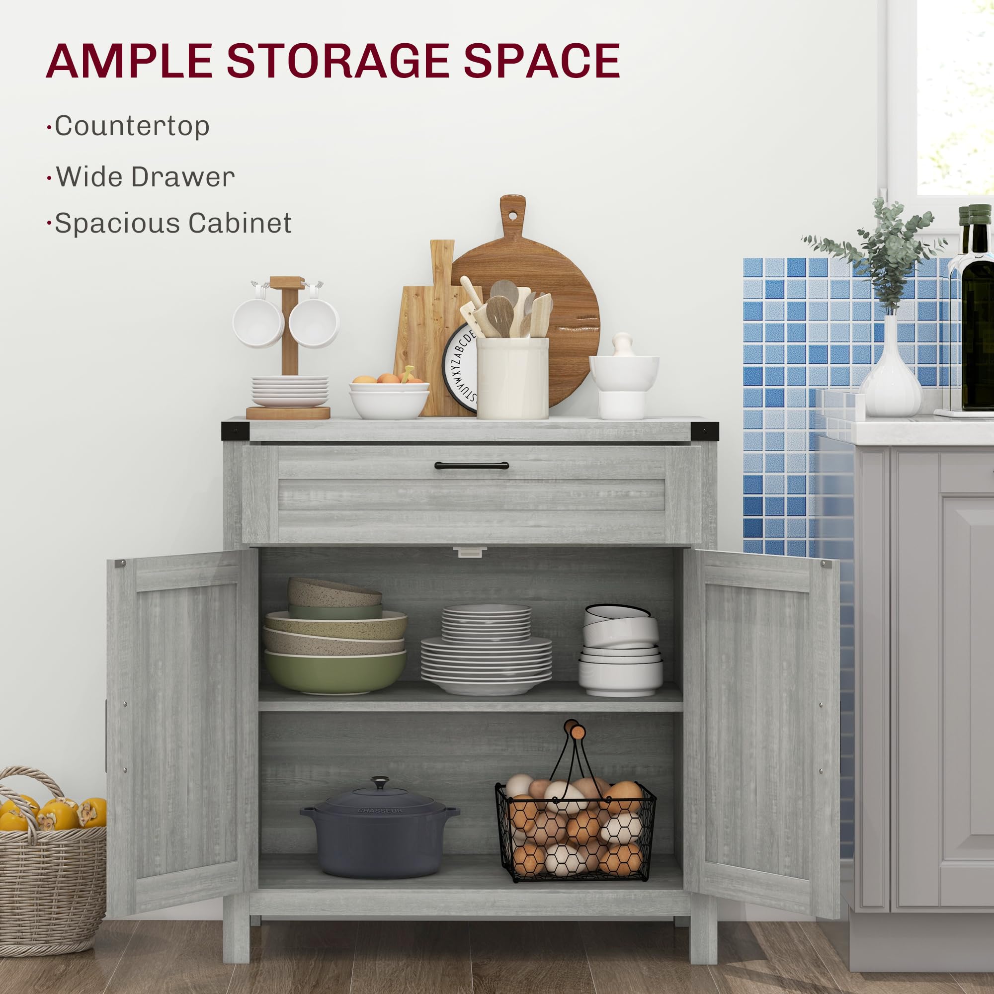 HOMCOM Modern Farmhouse Sideboard Buffet Cabinet with Storage Drawer & 2 Barn Doors - Gray Kitchen Coffee Bar Cabinet for Dining Room, Living Room & Home Decor