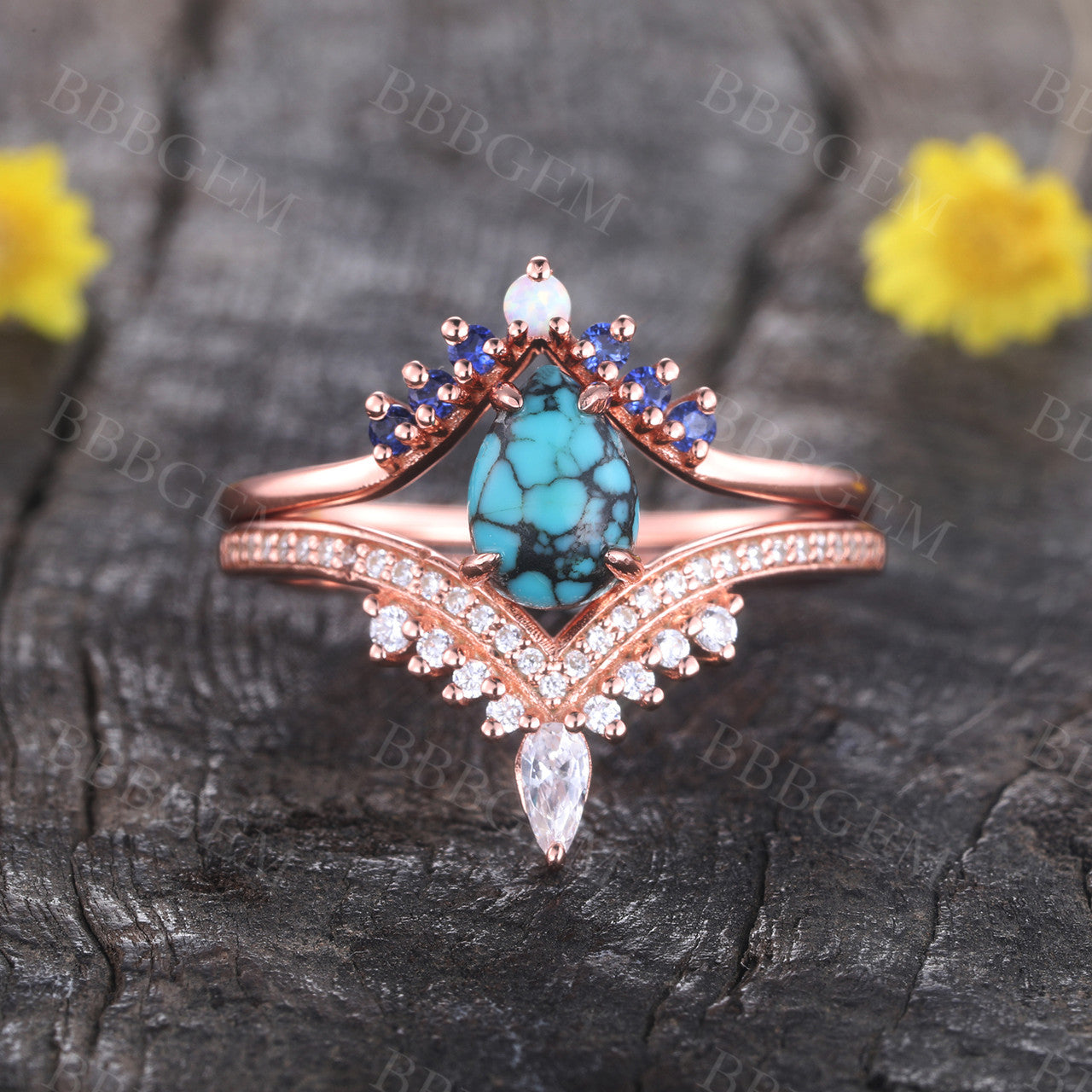 Pear Shaped Turquoise Engagement Ring Set in Rose Gold with Moissanite Accents - Perfect for Bridal Jewelry, Wedding Bands & Anniversary Gifts