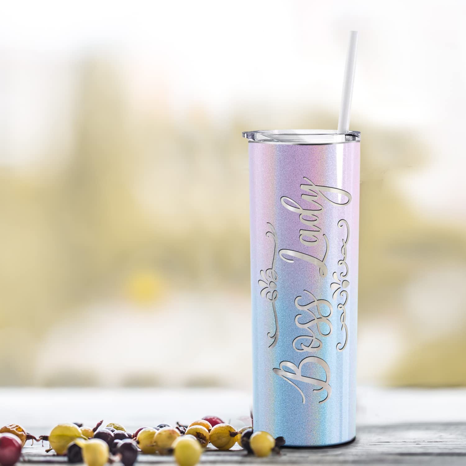 20 oz Insulated Stainless Steel Skinny Tumbler with Lid & Straw - Laser Engraved Boss Lady Design on Cotton Candy Glitter - Perfect Birthday Gift for Women, Office Boss Gifts | Great for Coffee, Iced Drinks & Workplace Hydration