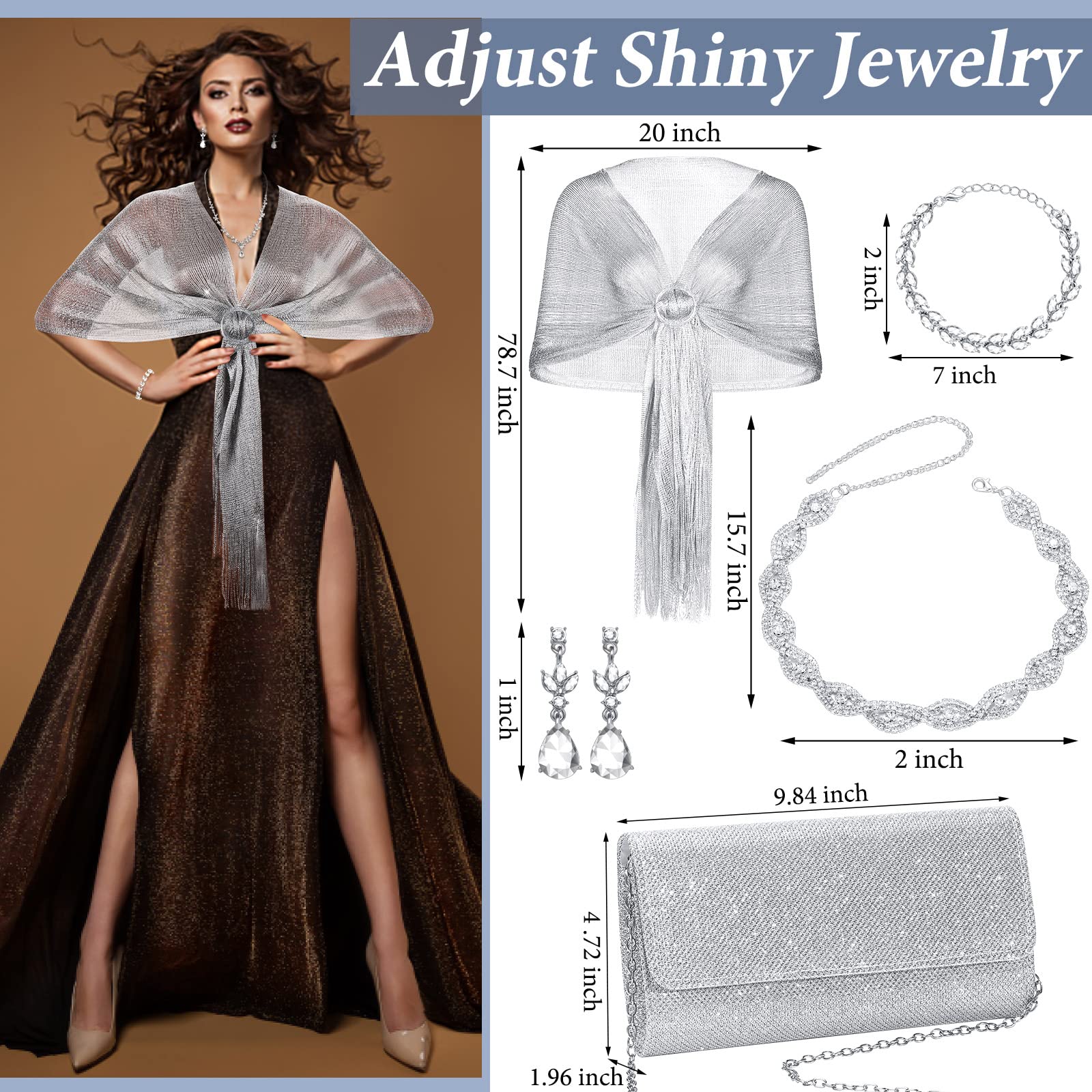 Tiamon 5-Piece Rhinestone Jewelry Set with Shawl & Clutch Purse for Women - Elegant Formal Accessories for Evening Dresses, Bridal Weddings & Special Occasions