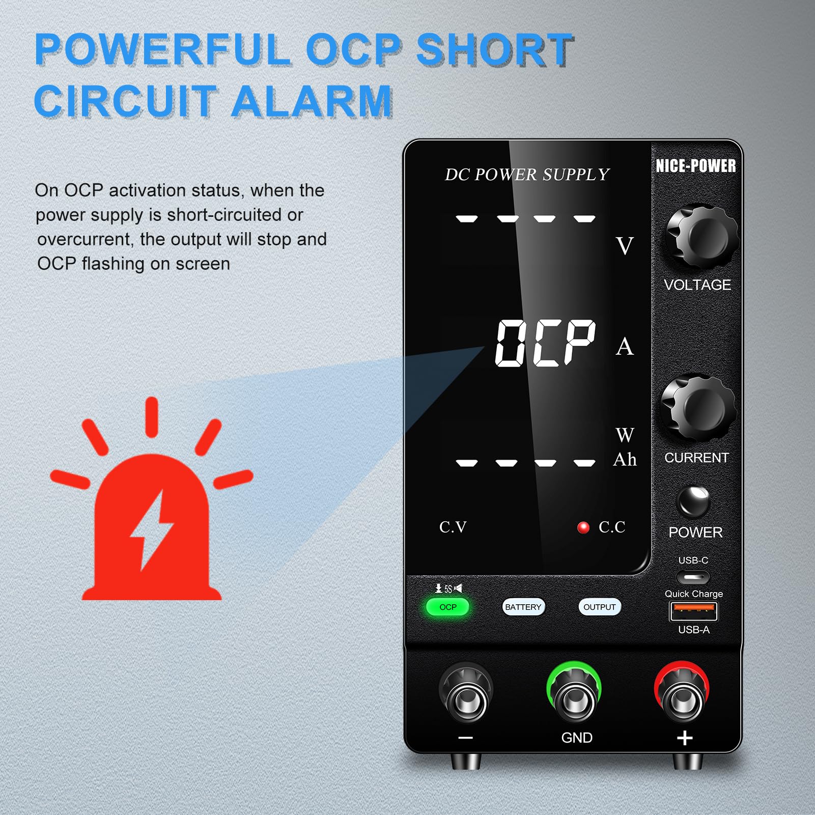 NICE-POWER 30V 10A 300W Adjustable DC Power Supply with Encoder - Variable 6V/12V/24V Output for LiFePO4 Lithium Ion Battery Charging, Lab Bench Power Supply with Quick Charge Port & OCP Protection - Perfect for Electronics Testing, DIY Projects, and Battery Maintenance