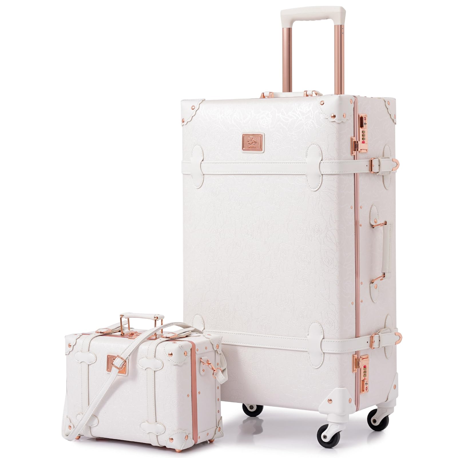 Vintage Suitcase Set for Women - 2 Piece Retro Luggage with White Rose Embossed Design, TSA Approved Zipperless Trunk Luggage (26