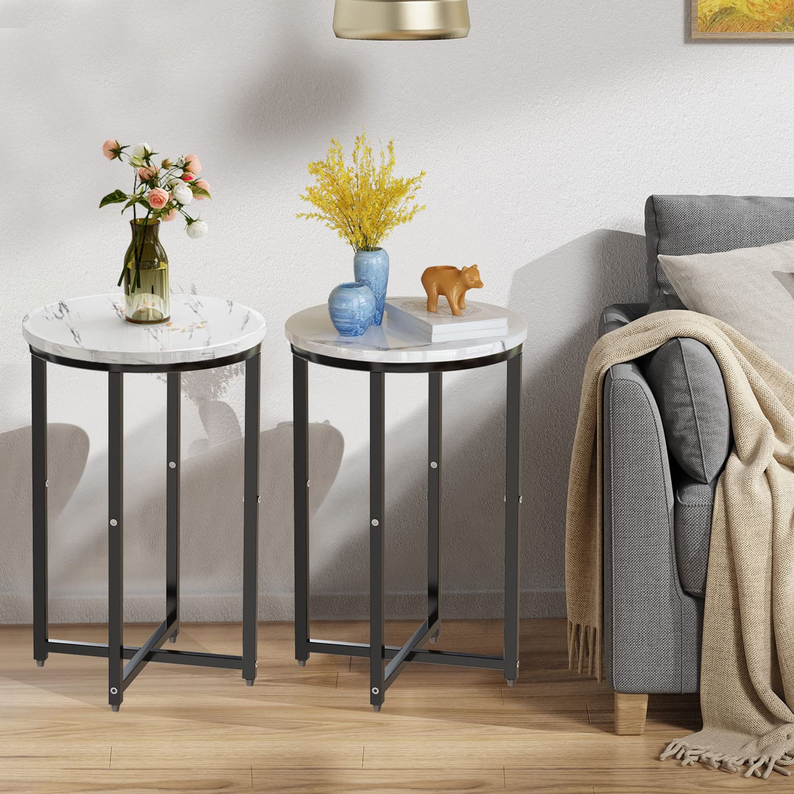 Modern End Table Set of 2 - Faux Marble Top Side Tables with Sturdy Metal Frame - Small Coffee & Snack Tables for Living Room, Bedroom, Balcony - Perfect Accent Tables for Small Spaces & Home Decor
