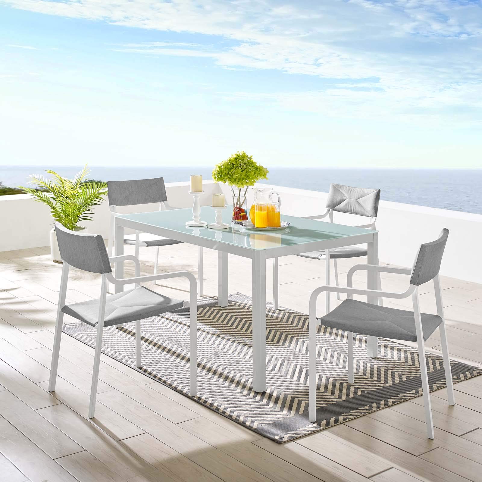 Modway Raleigh 5-Piece Aluminum Outdoor Dining Set with Fabric Cushions - White & Gray Patio Furniture for Backyard, Garden, and Poolside Entertaining
