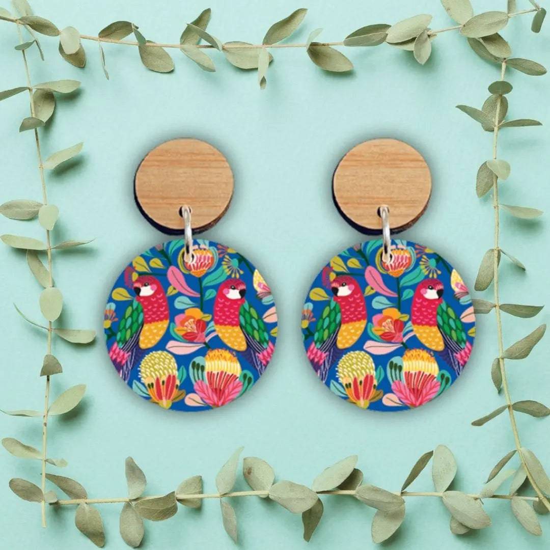 Handmade Australian Rosella Birds Wooden Earrings - Unique Boho Wood Jewelry for Women - Perfect for Festivals, Parties & Everyday Wear