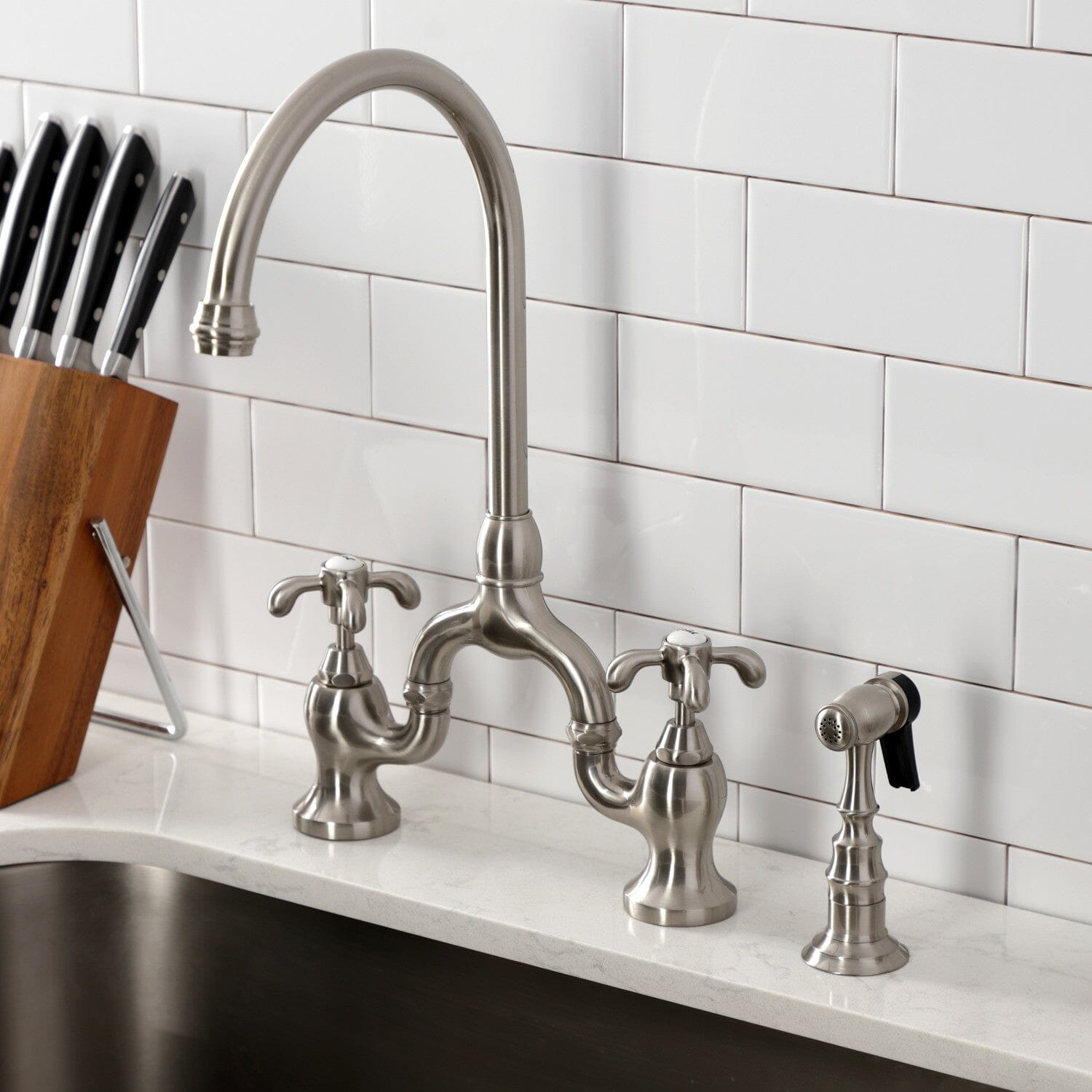 French Country Two-Handle 3-Hole Deck Mount Bridge Kitchen Faucet with Brass Side Sprayer - Vintage Style for Farmhouse & Cottage Sinks, Perfect for Rustic Kitchens & Remodeling Projects