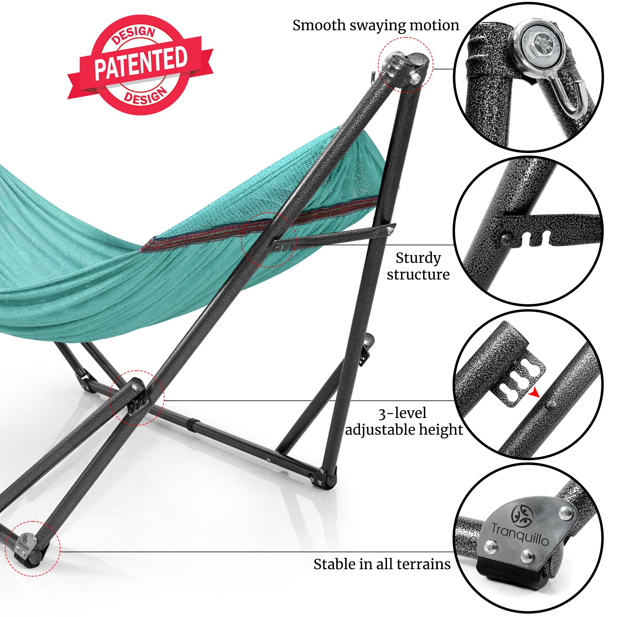 Tranquillo Double Hammock with Stand - 600 lbs Capacity Foldable Hammock for 2 Persons, Includes Portable Carrying Case - Perfect for Indoor, Outdoor, Camping, Backyard & Beach Relaxation