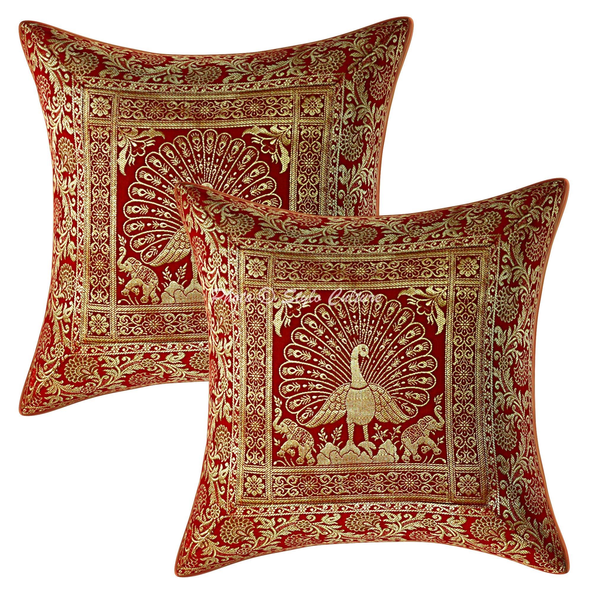 Luxury Indian Brocade Throw Pillow Covers 16x16 Inch - Red & Gold Jacquard Weave Banarasi Cushion Covers Set of 2 with Peacock Floral Design for Sofa, Bed, Outdoor Decor