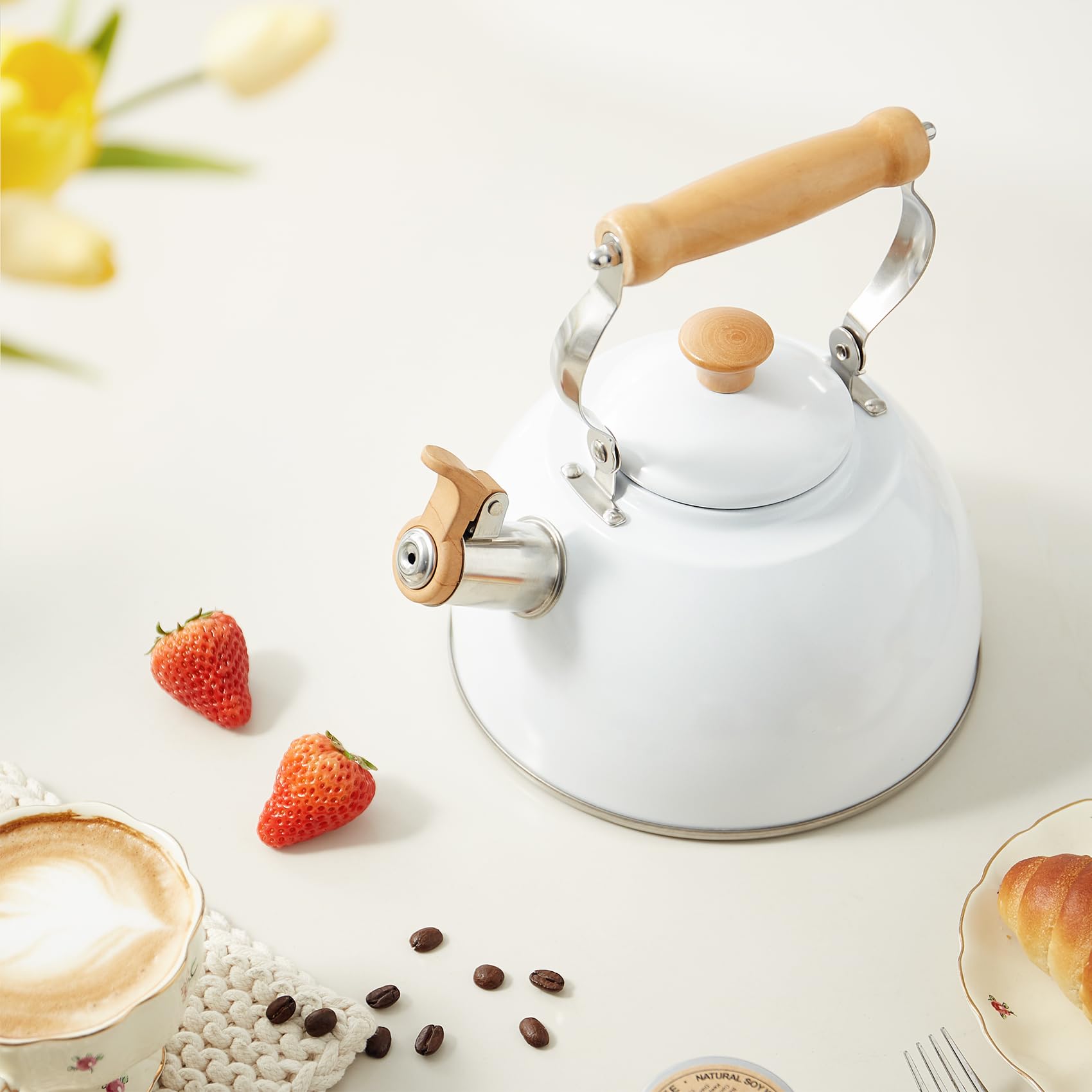ROCKURWOK 1.6 Quart Stainless Steel Whistling Tea Kettle - Cool Touch Ergonomic Handle, Stovetop Safe, Food Grade 18/8 Stainless Steel Teapot for Gas & Electric Stoves - Perfect for Home, Office, Camping & Tea Parties (White)