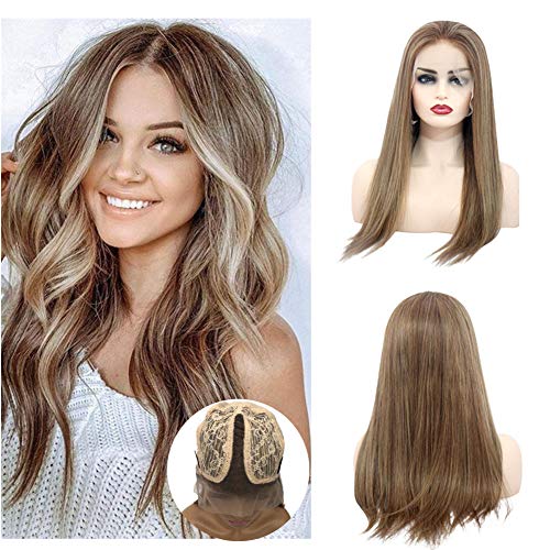 13x4x1 T Part Long Straight Lace Front Wig - 150% Density Human Hair with Bleached Knots & Baby Hair - Highlighted Brown Mixed Blonde Balayage Glueless Remy Wig (20 Inches) for Everyday Wear, Cosplay & Special Occasions