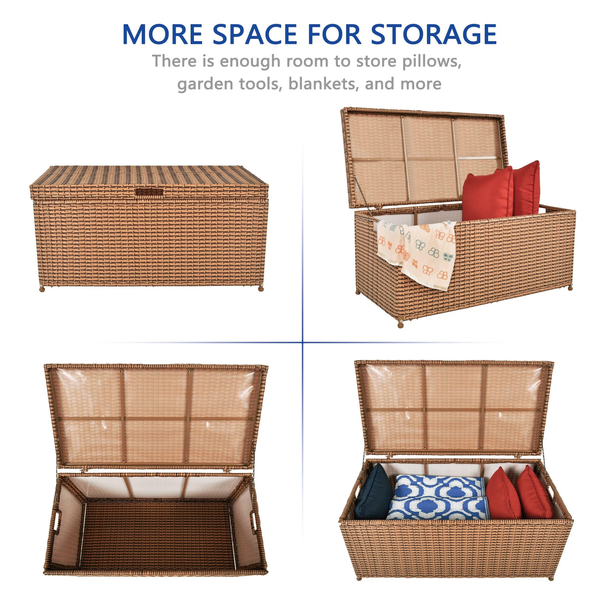 Jeco Honey Wicker Patio Storage Deck Box - Outdoor Furniture Organizer for Cushions, Toys & Garden Accessories - Perfect for Backyard, Poolside & Deck Storage
