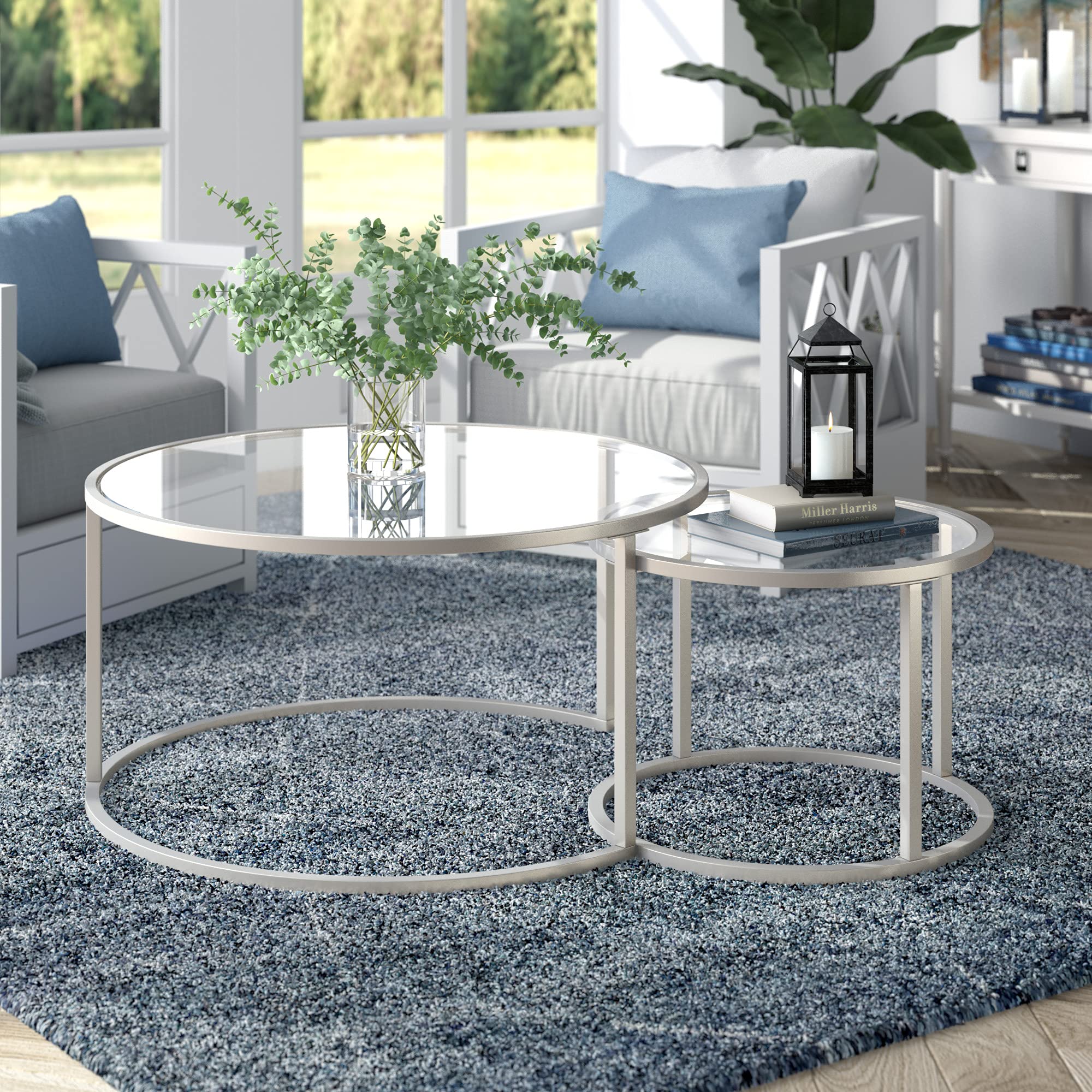 Watson Round Nested Coffee Table Set - Modern Satin Nickel Finish Side Tables for Living Room, Bedroom & Office - Perfect for Small Spaces & Home Decor