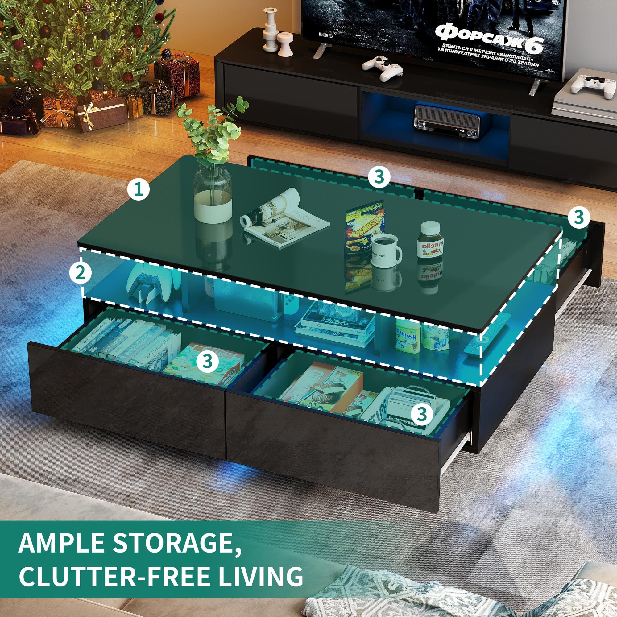 YITAHOME Modern LED Coffee Table with Storage - High Glossy Living Room Center Table with Open Display Shelf & Sliding Drawers - Black End Table for Small Spaces - Perfect for Entertaining, Movie Nights & Cozy Home Decor