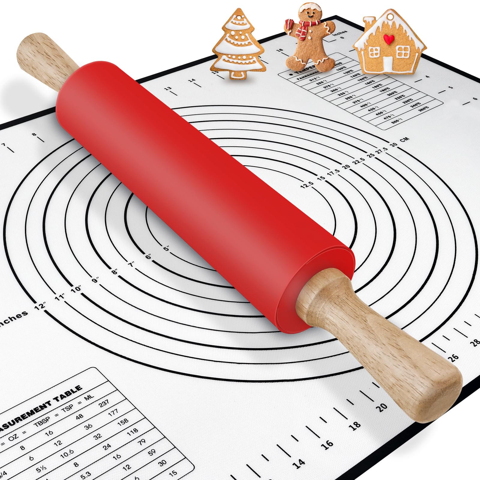 Non-Stick Silicone Rolling Pin with Wooden Handle - 17 Inch Professional Dough Roller for Pastry, Pizza & Fondant | Includes Smooth Baking Mat | Perfect Kitchen Gift for Bakers & Home Cooks | Ideal for Baking, Cookie Making & Cake Decorating