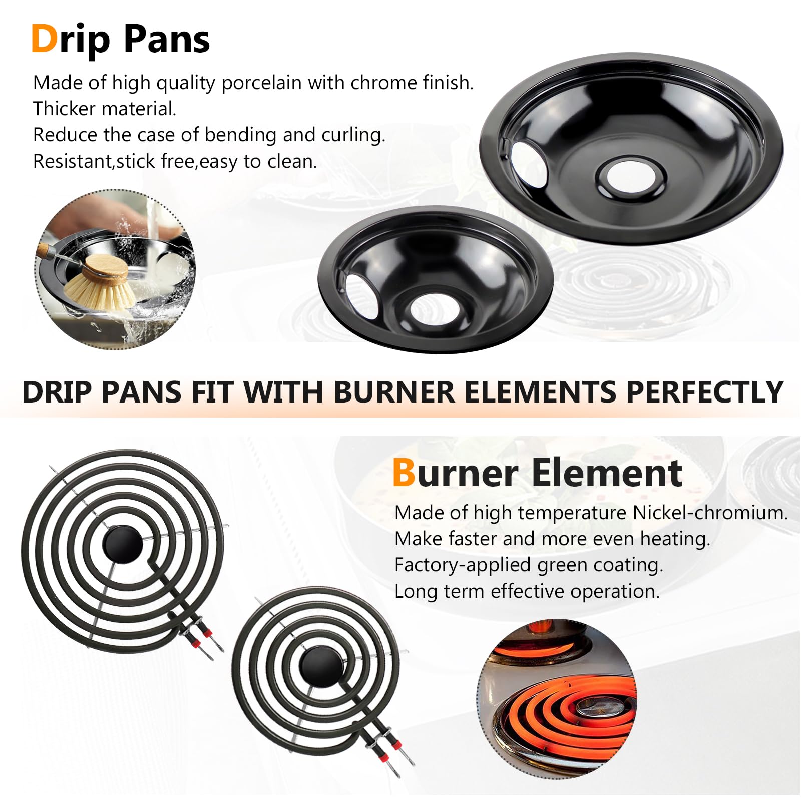 Blutoget Electric Stove Drip Pans & Burner Elements Set - Compatible with Whirlpool, Maytag, Amana Ranges (W10290350, W10290353, MP22YA, MP15YA 6
