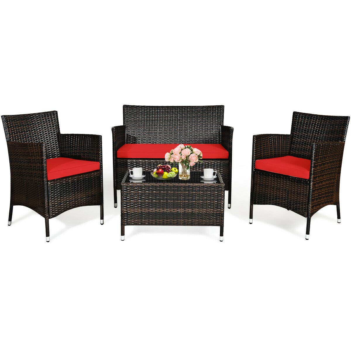 HappyGrill 4-Piece Outdoor Patio Furniture Set - Rattan Wicker Conversation Set with Cushioned Sofa & Coffee Table - Perfect for Porch, Backyard, Garden, Poolside & Outdoor Entertaining