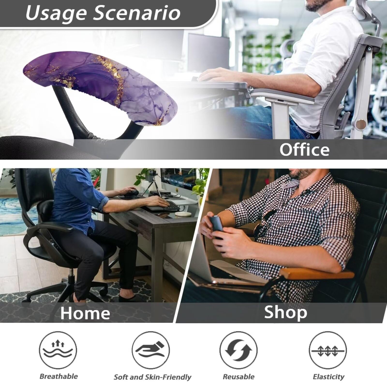 Purple Gold Marble Office Chair Arm Covers Set of 2 - Stretchable Washable Armrest Protectors for Desk & Computer Chairs | Perfect for Home Office, Gaming Setup & Workspace Comfort