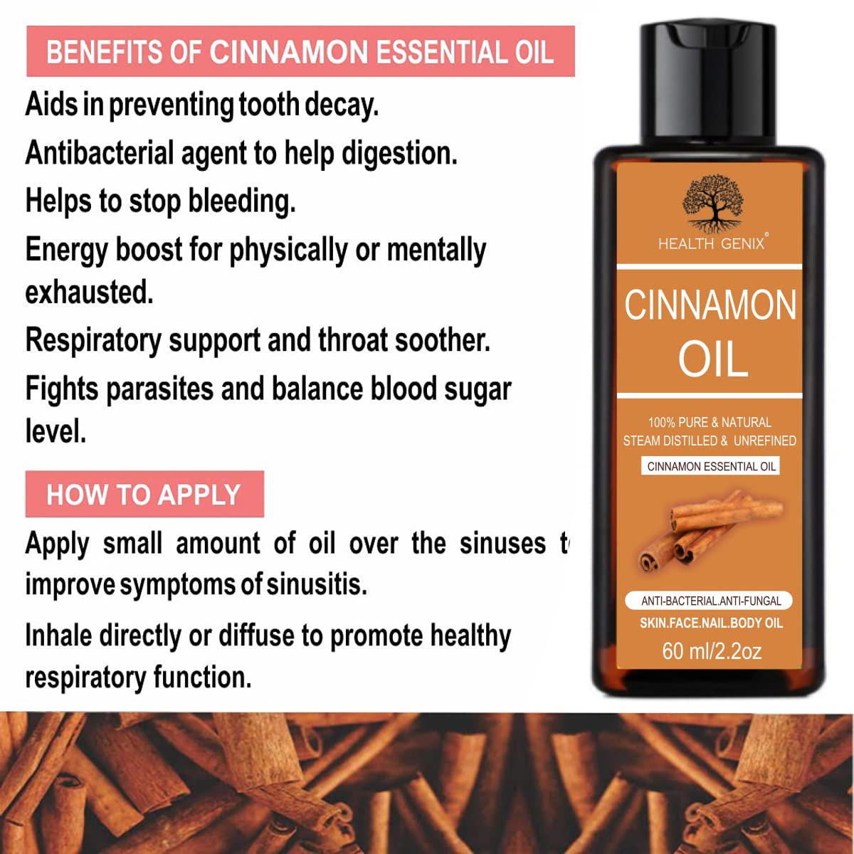Healthgenix | 2-Pack Clove & Cinnamon Essential Oil Set - 60ml Each | Free 60ml Rose Water | 100% Pure Therapeutic Grade for Teeth, Hair & Skin Care | Aromatherapy, Massage & DIY Beauty Recipes
