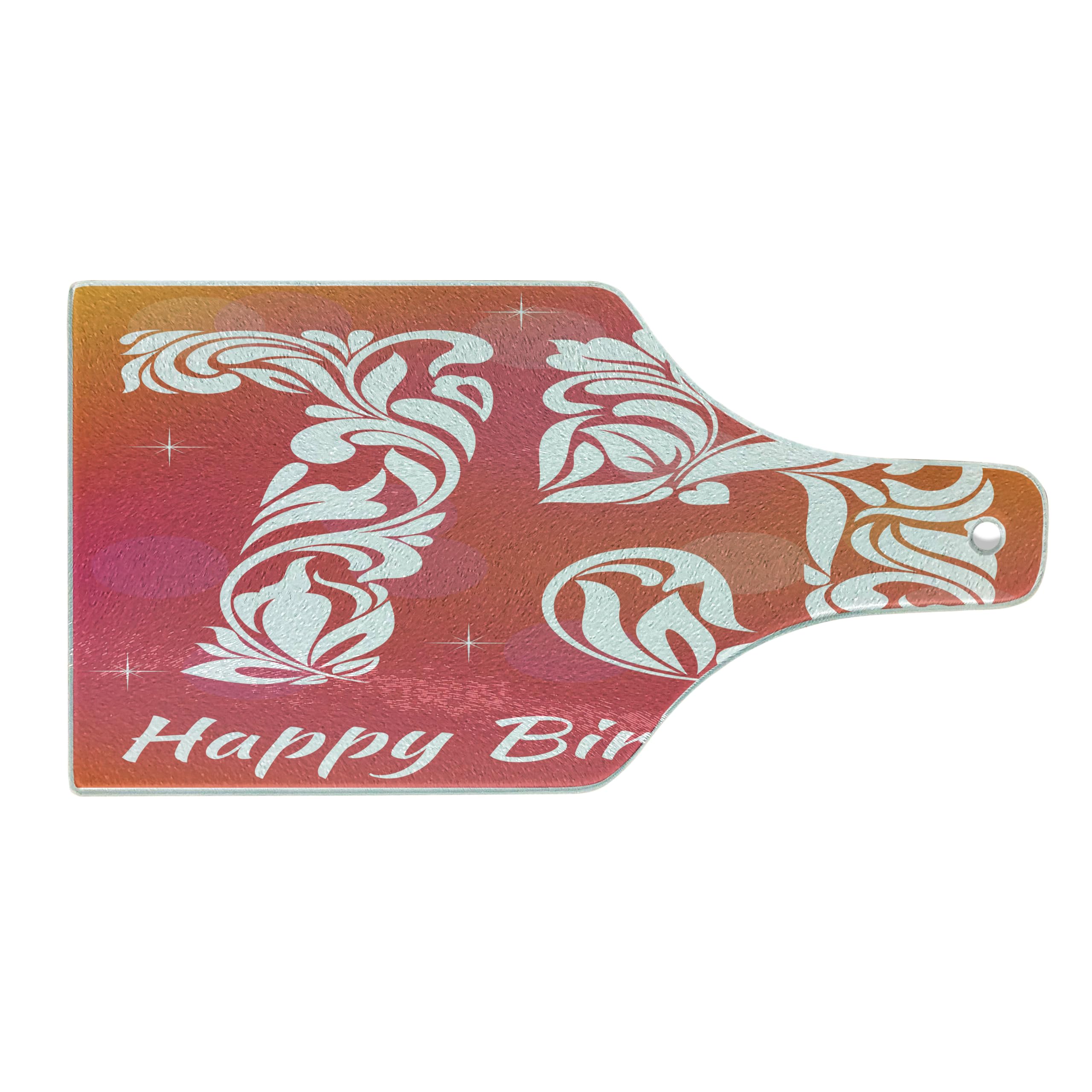 Ambesonne 75th Birthday Cutting Board - Tempered Glass Serving Board with Floral Swirls & Stars Design - Wine Bottle Shape in Pink, Orange & White - Perfect for Anniversary Gifts, Party Decor & Kitchen Use