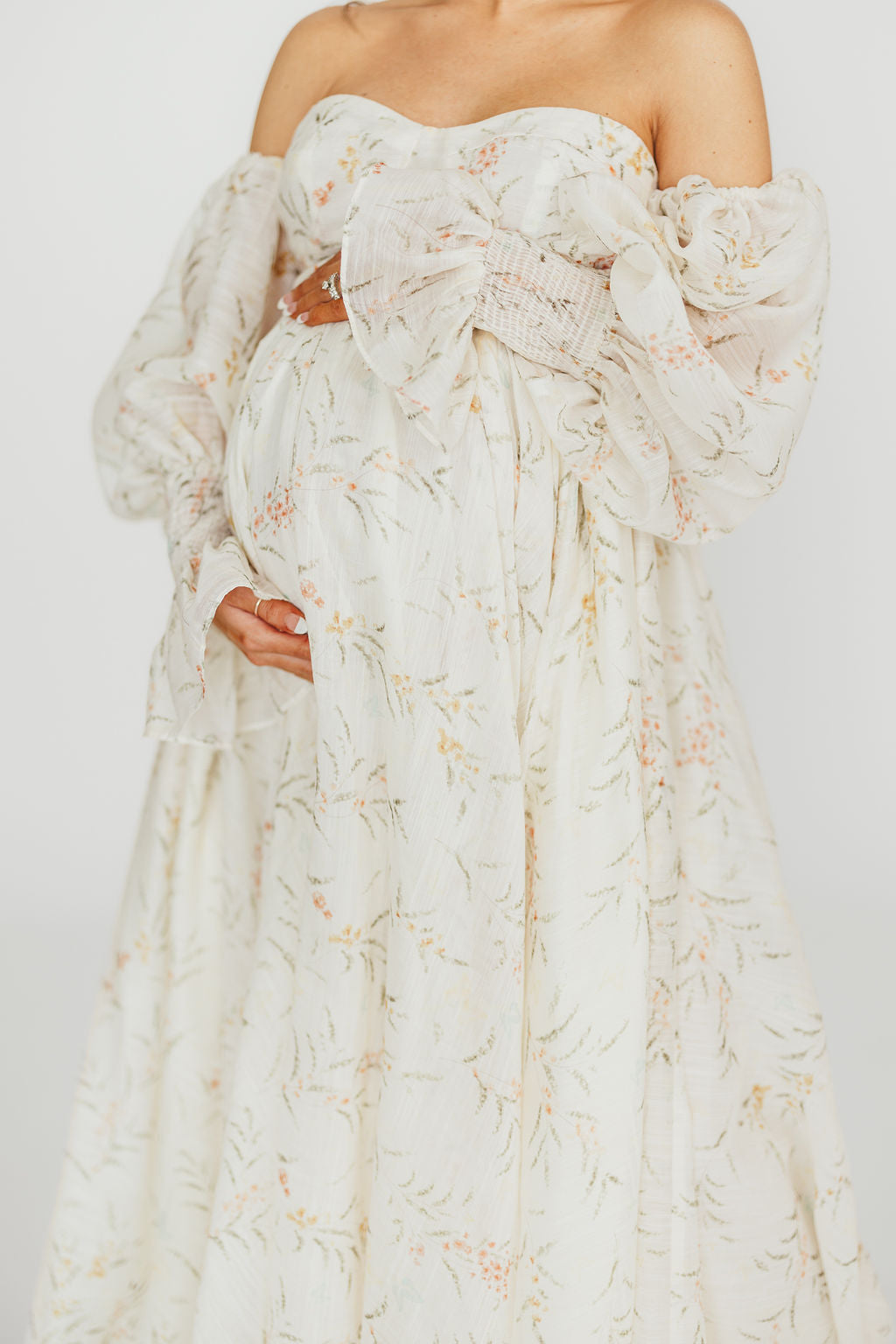 Delilah Cream Floral Maternity Dress with Train - Bump Friendly Wedding Guest Dress for Baby Showers & Special Occasions