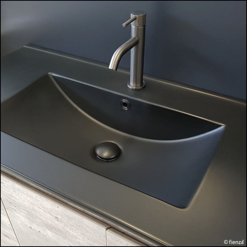 Fienza TCLB90SL 900mm Modern Wall-Mounted Bathroom Vanity - Dolce Matte Black & Scandi Oak Finish, Left-Side Drawers for Small Space & Apartment Bathrooms