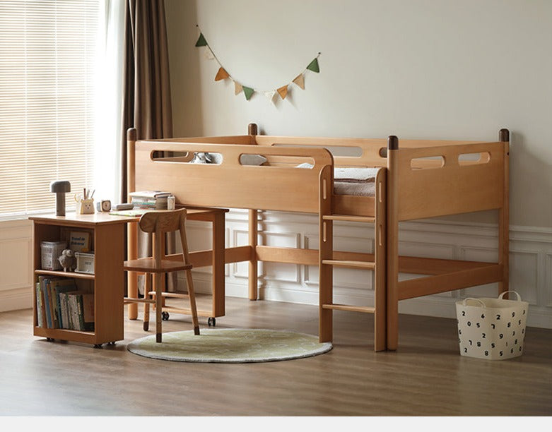 Solid Oak Wood Mid-High Bed with Slanted Ladder - Sturdy Adult Loft Bed for Small Spaces, Dorm Rooms & Modern Apartments