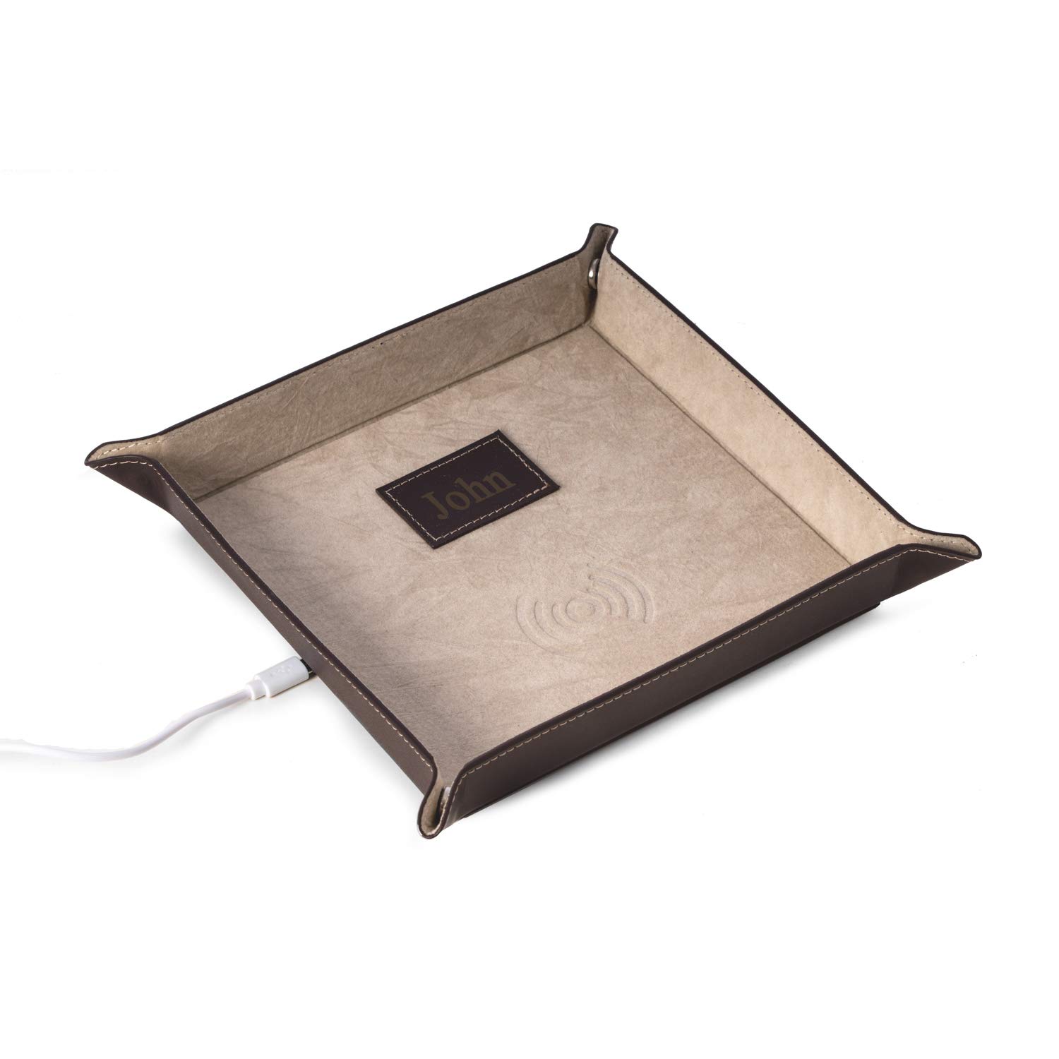 Custom Personalized Leather Valet Tray with Wireless Charger - Brown | Premium Organizer for Keys, Wallet & Jewelry | Perfect for Home, Office & Travel Accessories