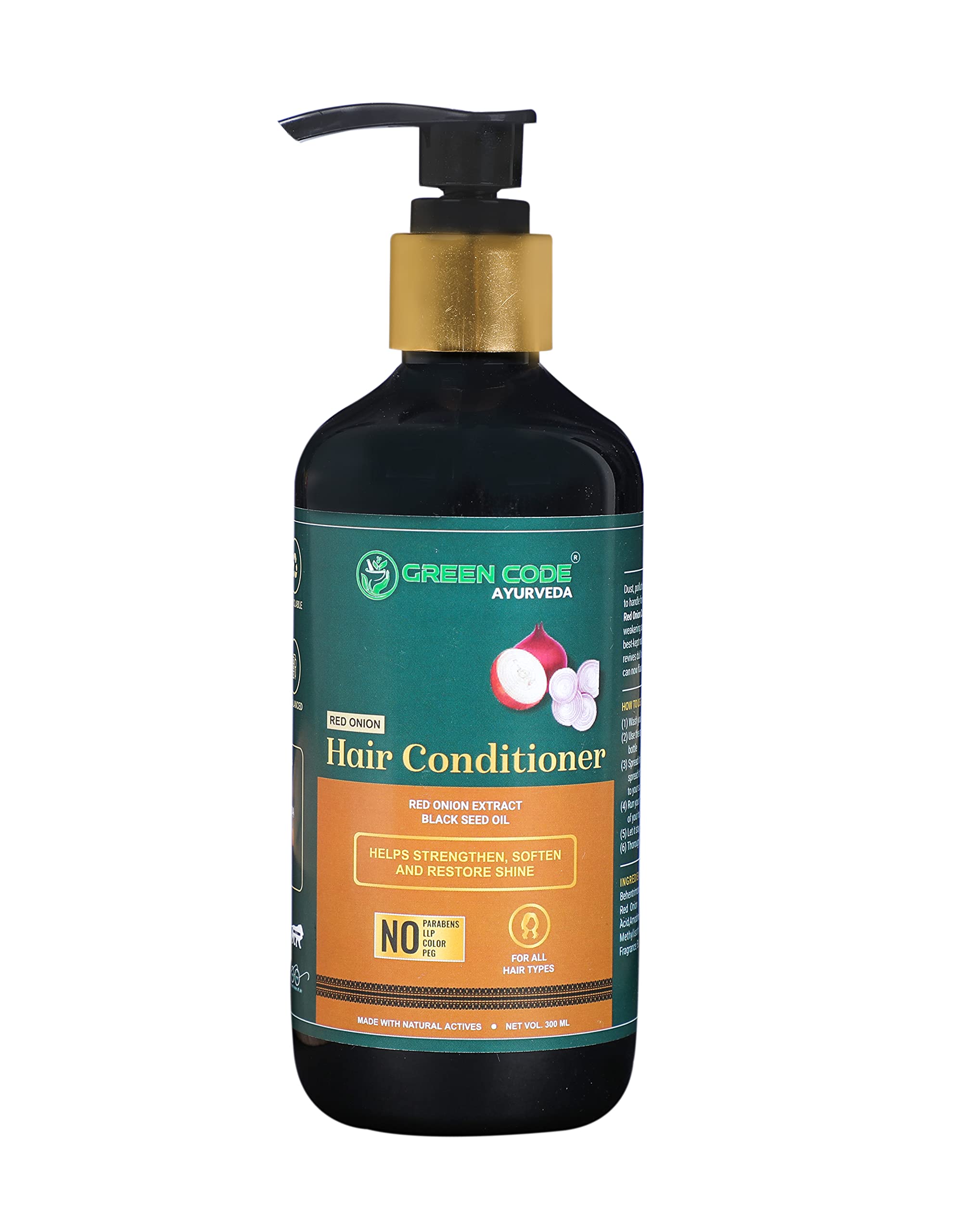 GREEN CODE AYURVEDA Onion Hair Conditioner with Red Onion Seed Oil & Black Seed Oil Extract - Paraben-Free, No Mineral Oil or Silicones - 300ml for Damaged Hair Repair & Scalp Care - Perfect for Dry, Frizzy Hair & Hair Growth Treatment