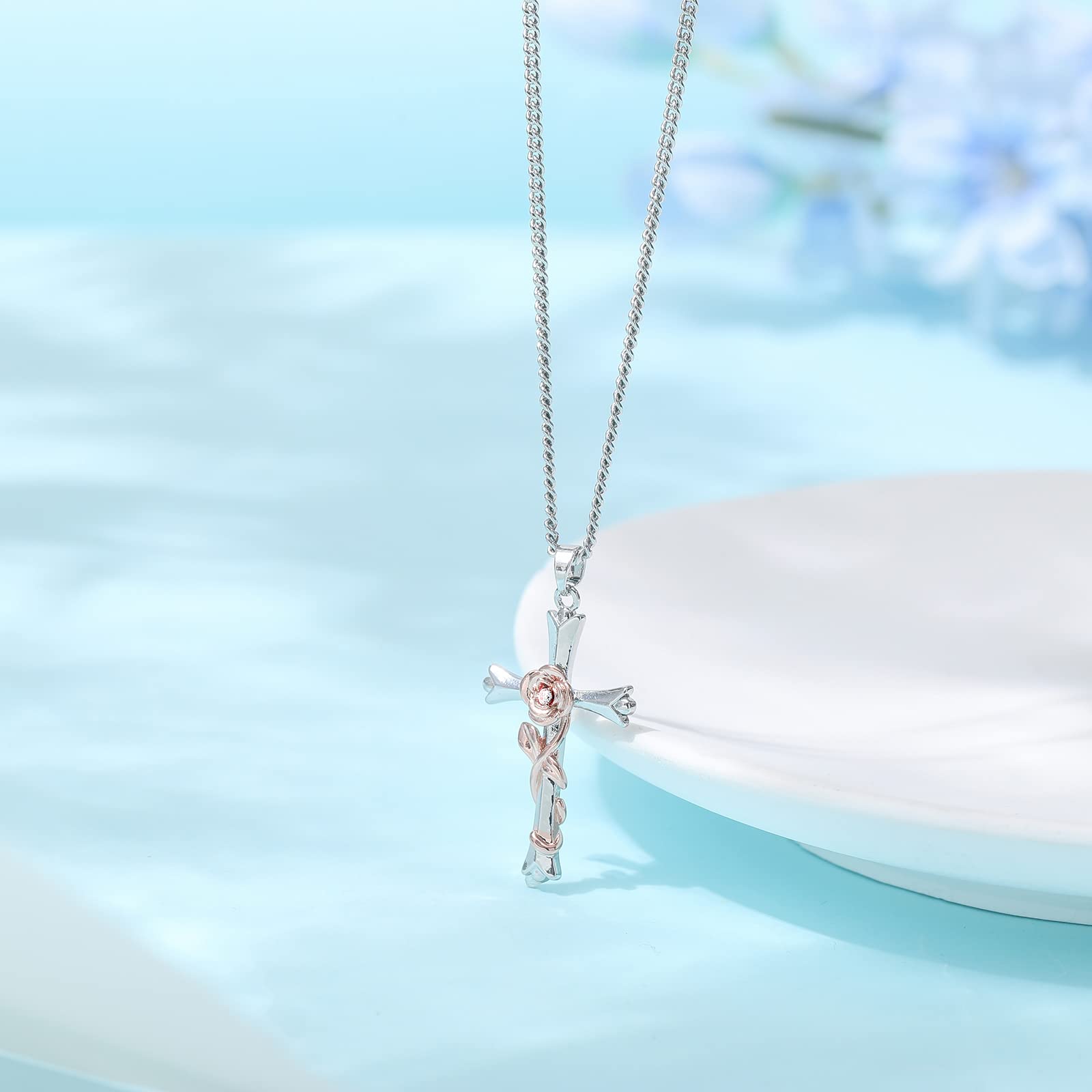 ACECHA Silver Faith Cross Necklace for Women - Birthstone & Birth Flower Pendant Jewelry | Perfect Gift for Wife, Teen Girls, Women | Birthday, Anniversary, Baptism, Confirmation, Mother's Day Gift Idea