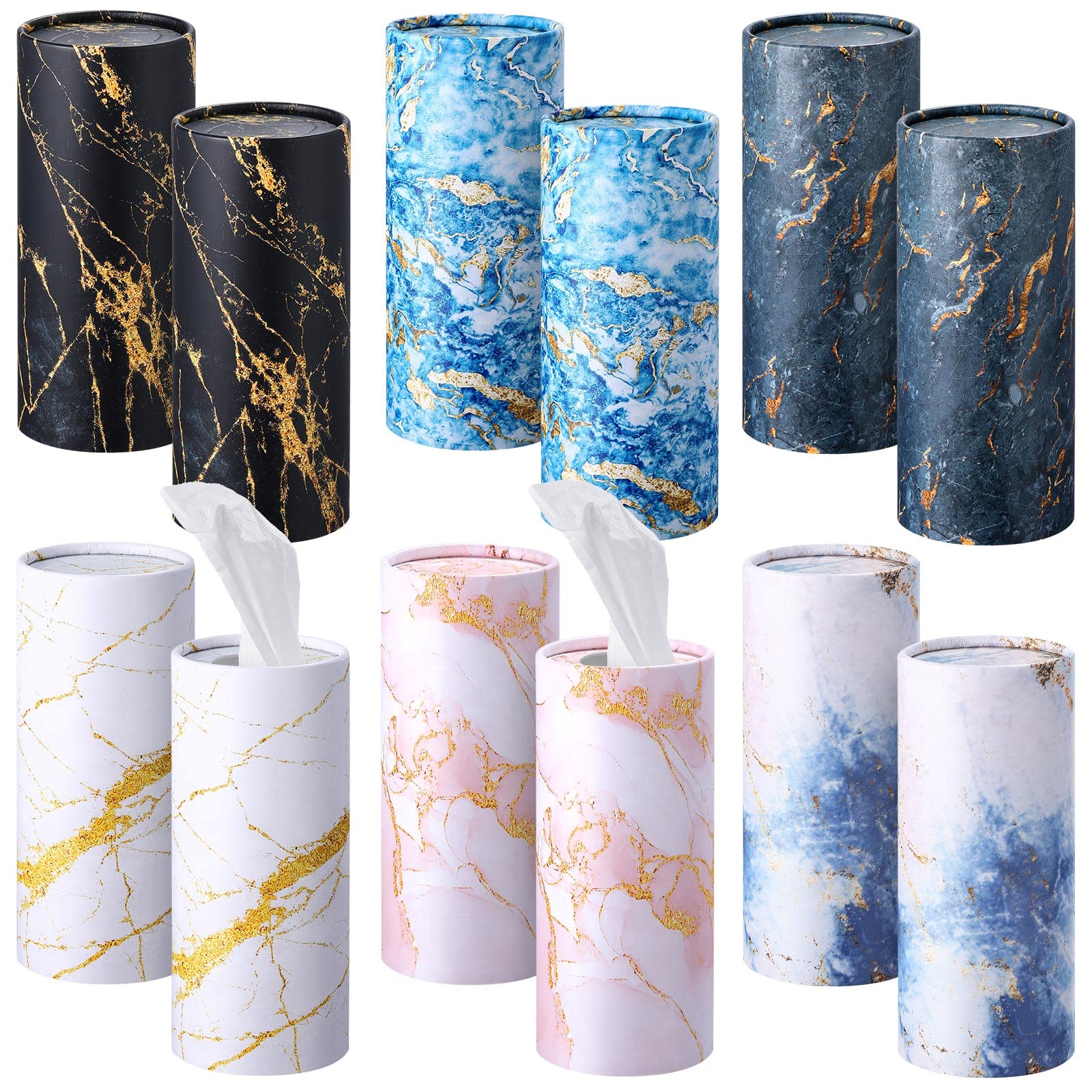 12-Piece Round Car Tissue Boxes - Disposable Printed Car Napkins for Cup Holders | Marble Style Design | Travel, Office & Home Use