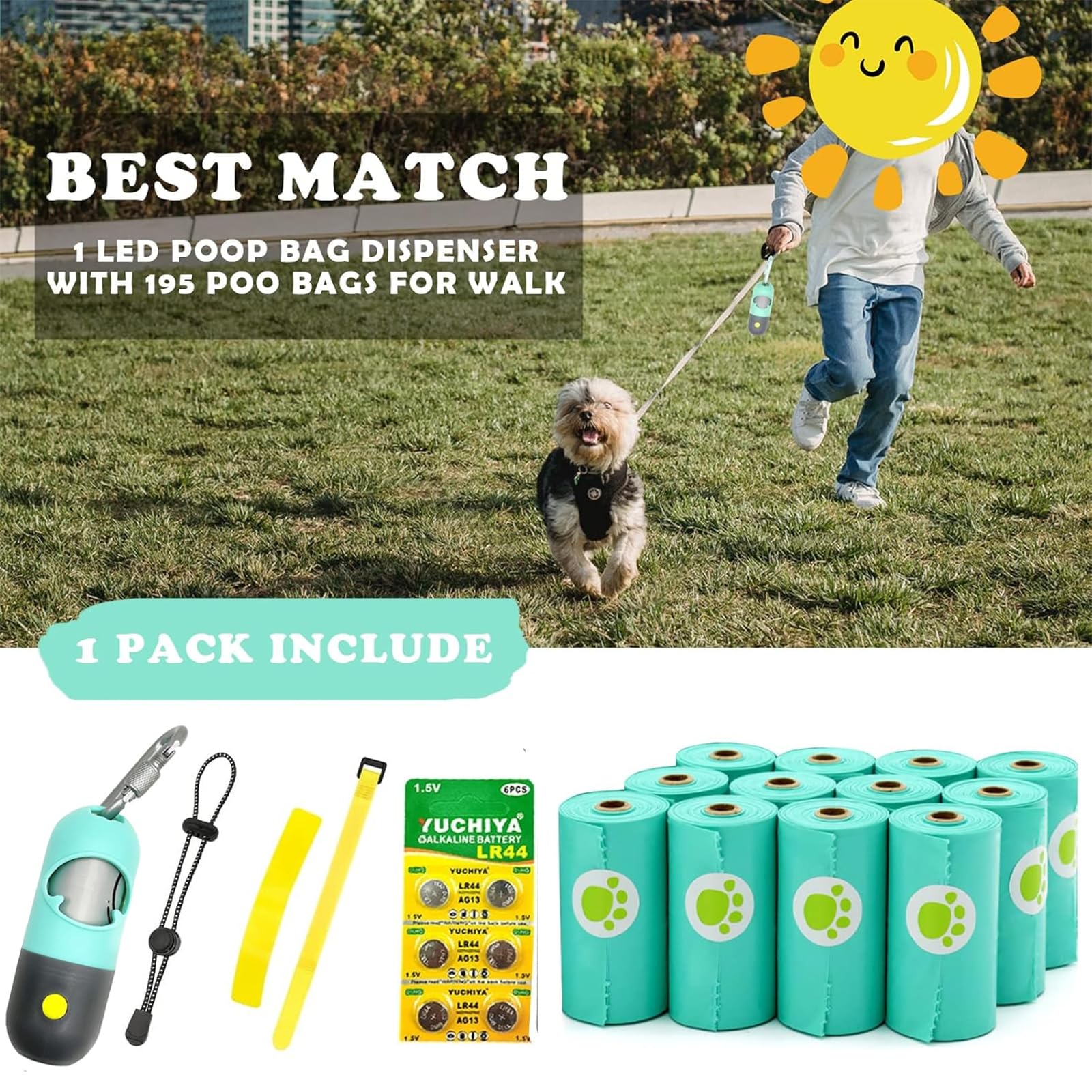 LED Flashlight Dog Poop Bags Holder | Leash-Attached Pet Waste Dispenser with 195 Leak-Proof Bags | Mint Green Doggie Potty Accessories for Walking, Hiking & Nighttime Cleanup