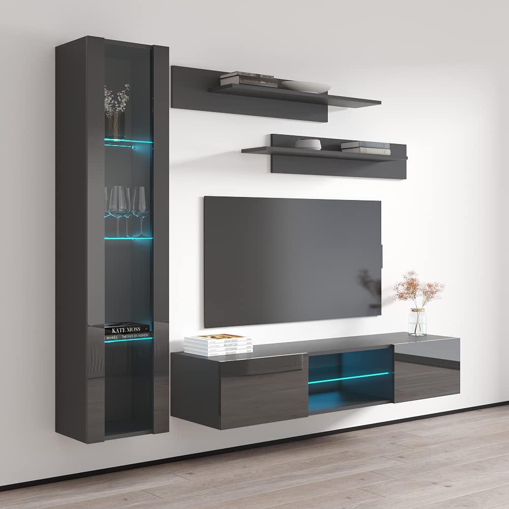 Modern G2 Gray Wall-Mounted TV Stand with Storage Shelves & LED Lights - Meble Fly G 33 Entertainment Center Console for Living Room & Bedroom - Perfect for Movie Nights, Gaming Setup and Space-Saving Home Decor