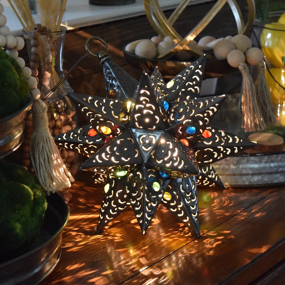 12 Inch Moravian Hanging Tin Star Light with Flower Cut Design and Glass Marbles - Christmas Decor, Holiday Home Lighting, Outdoor Patio Decoration