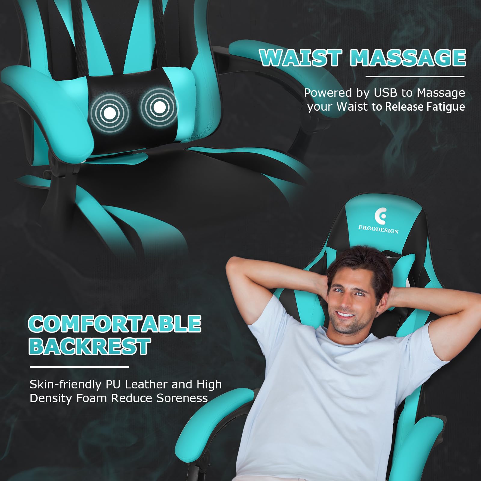 Ergonomic Gaming Chair with Adjustable Linkage Armrest & Retractable Footrest - High Back Racing Style Video Game Chair for PC & Console Gamers - Black & Light Blue - Perfect for Esports, Streaming & Long Gaming Sessions