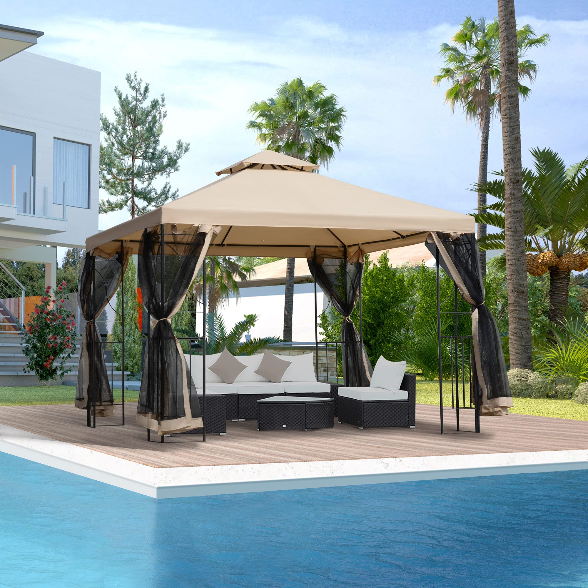 Outsunny 10' x 10' Outdoor Gazebo Canopy with Corner Shelves, Netting & Vented Roof - Perfect for Garden, Lawn, Backyard, Deck, and Patio Parties