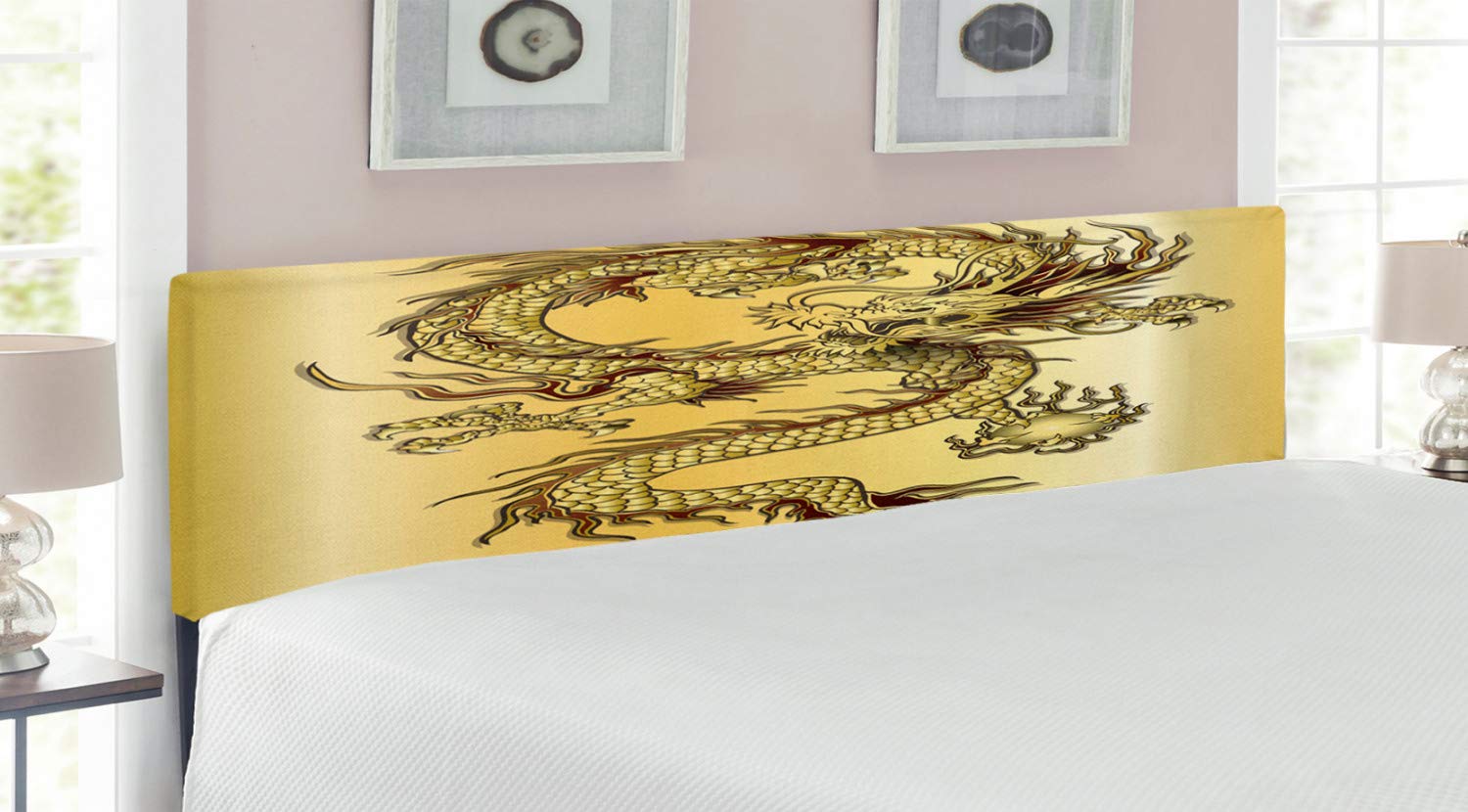 Ambesonne King Size Dragon Headboard - Chinese Snake Dragon Theme, Oriental Abstract Art Upholstered Metal Bed Frame with Memory Foam in Mustard & Black | Perfect for Asian-Themed Bedrooms, Feng Shui Decor, and Luxury Master Suites