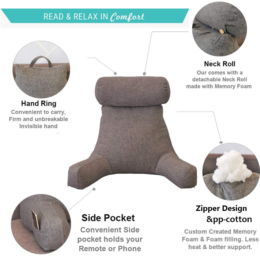 **Ergonomic Backrest Pillow with Armrests & Detachable Neck Roll - Comfortable Bed Reading Pillow for Adults, Back Support Cushion for Sitting in Bed, Sofa, or Floor - Perfect for Reading, Watching TV, and Relaxing**