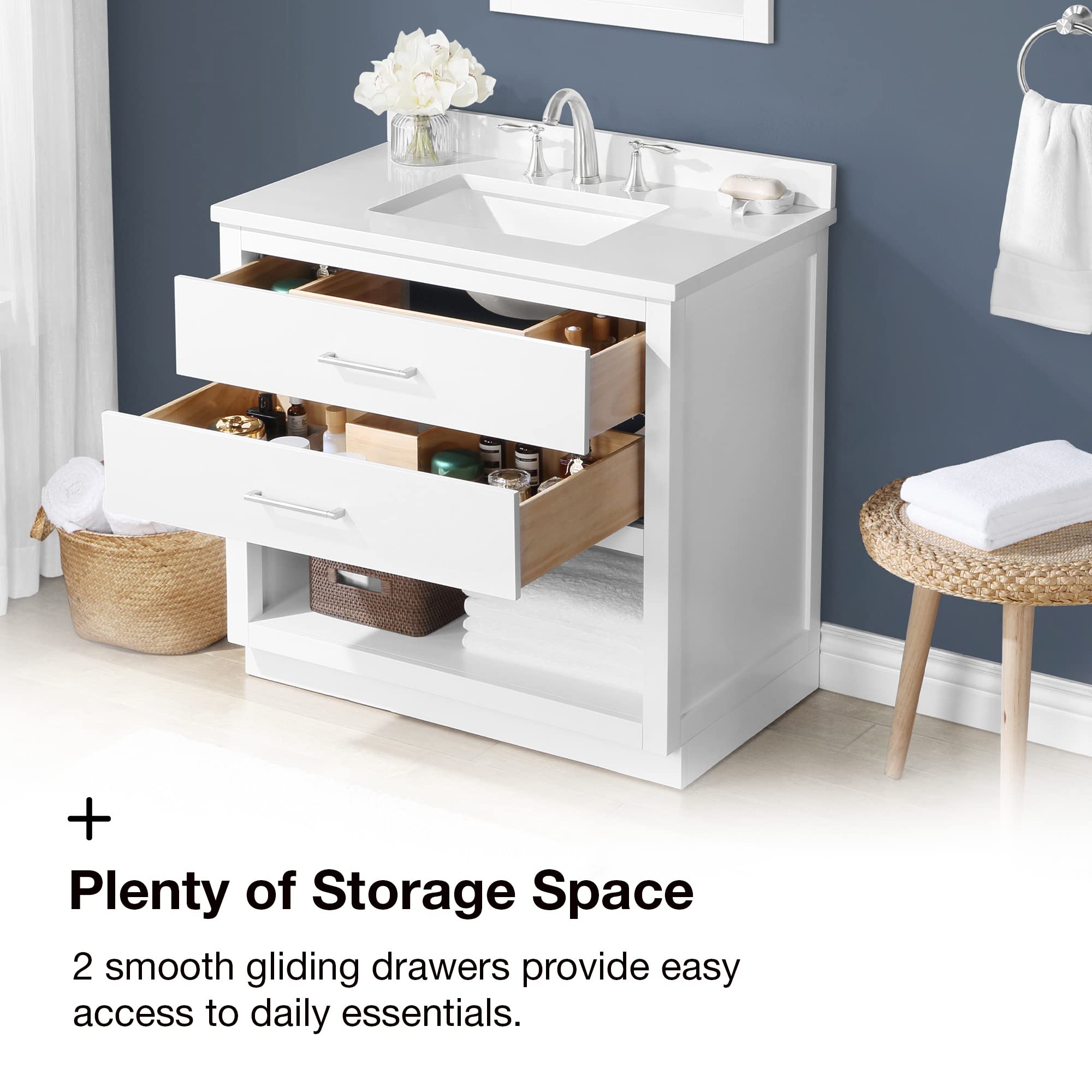 Ove Decors Rider 36 Inch Single Sink Bathroom Vanity in White - Modern Space-Saving Vanity for Small Bathrooms & Powder Rooms