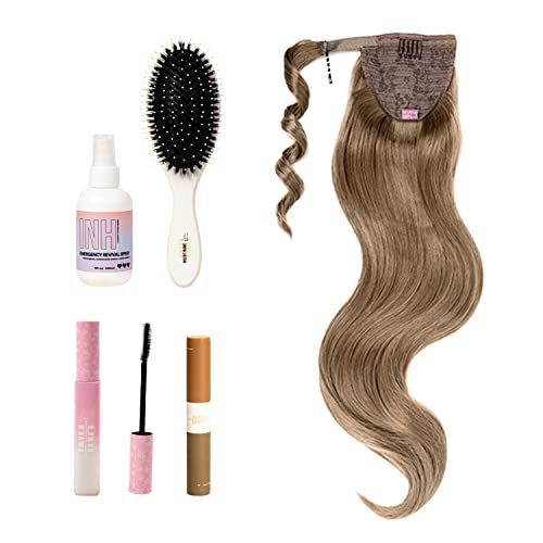 INH Hair Brit 26-inch Clip-in Ponytail Extension with Detangler Spray, Paddle Brush & Finishing Stick | Ash Blonde | Volumizing Hairpiece for Parties, Weddings & Everyday Glamour