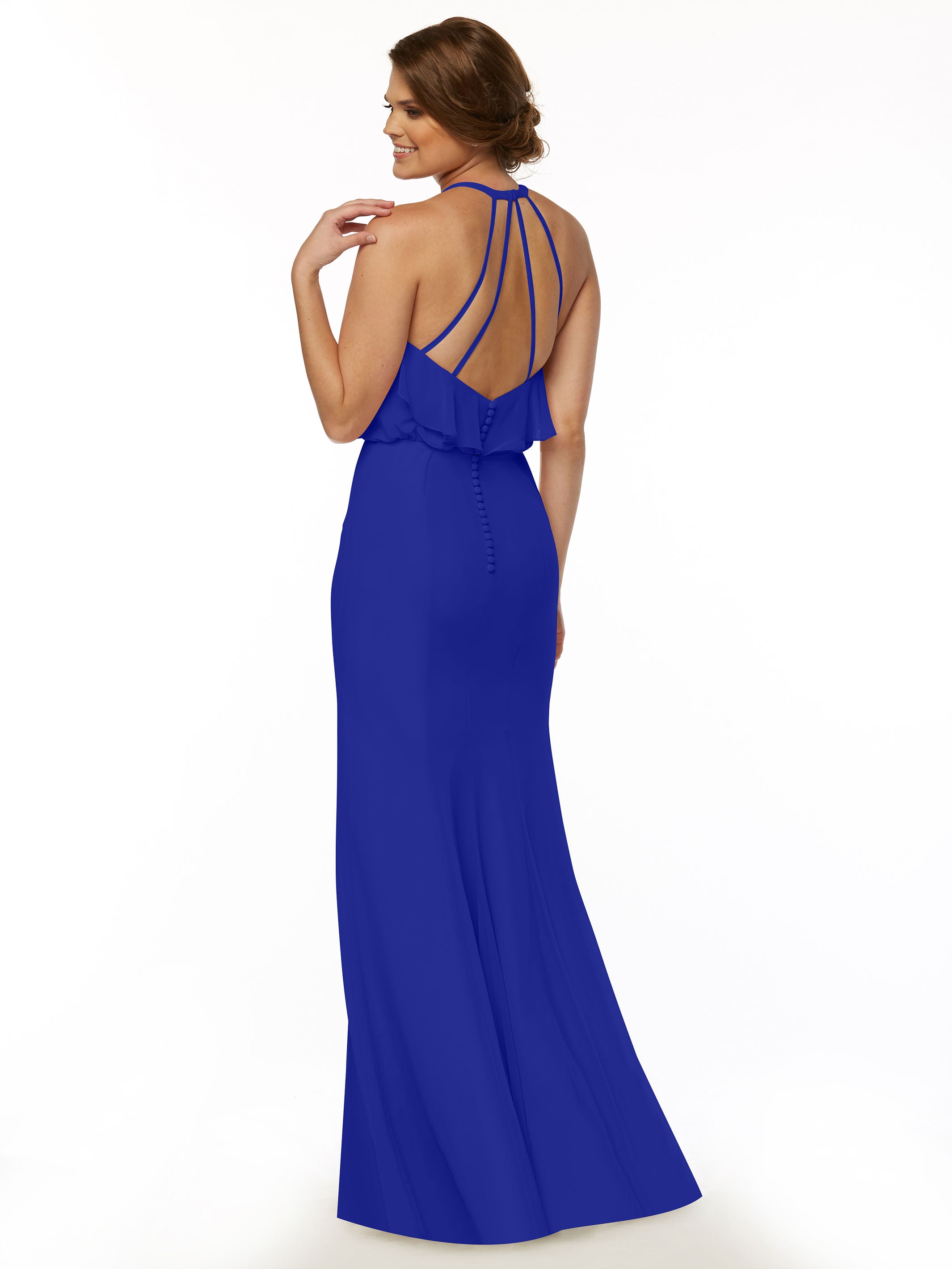 Elegant 80147 Fit and Flare Chiffon Bridesmaid Dress with Ruffled Neckline & Thigh Slit - Perfect for Weddings, Proms, and Formal Events