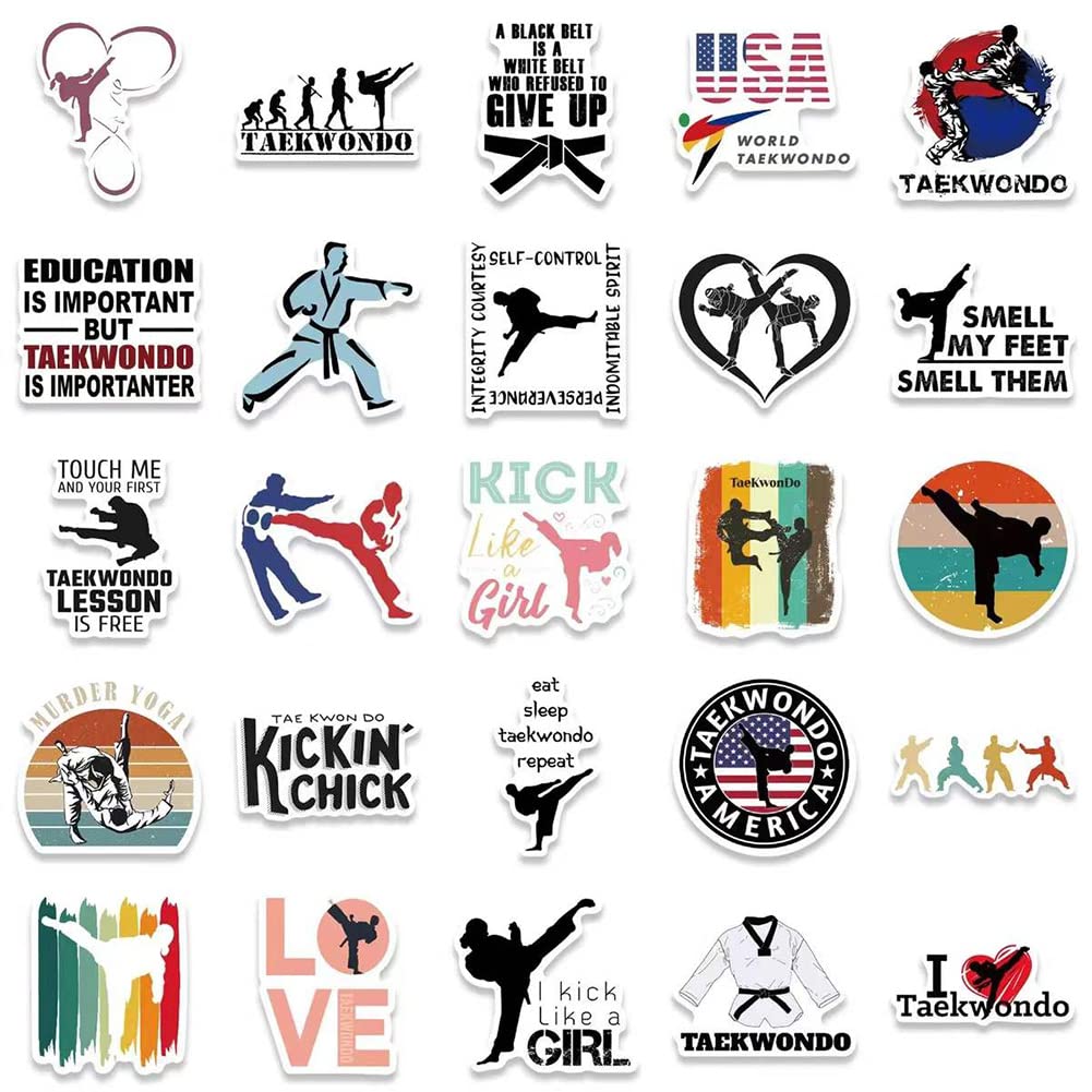 50 Pcs Waterproof Taekwondo Stickers - Martial Arts Vinyl Decals for Water Bottles, Laptop, Luggage, Cup, Phone, Skateboard, Guitar, Helmet & Snowboard - Perfect for Martial Arts Enthusiasts & Sports Gear Customization