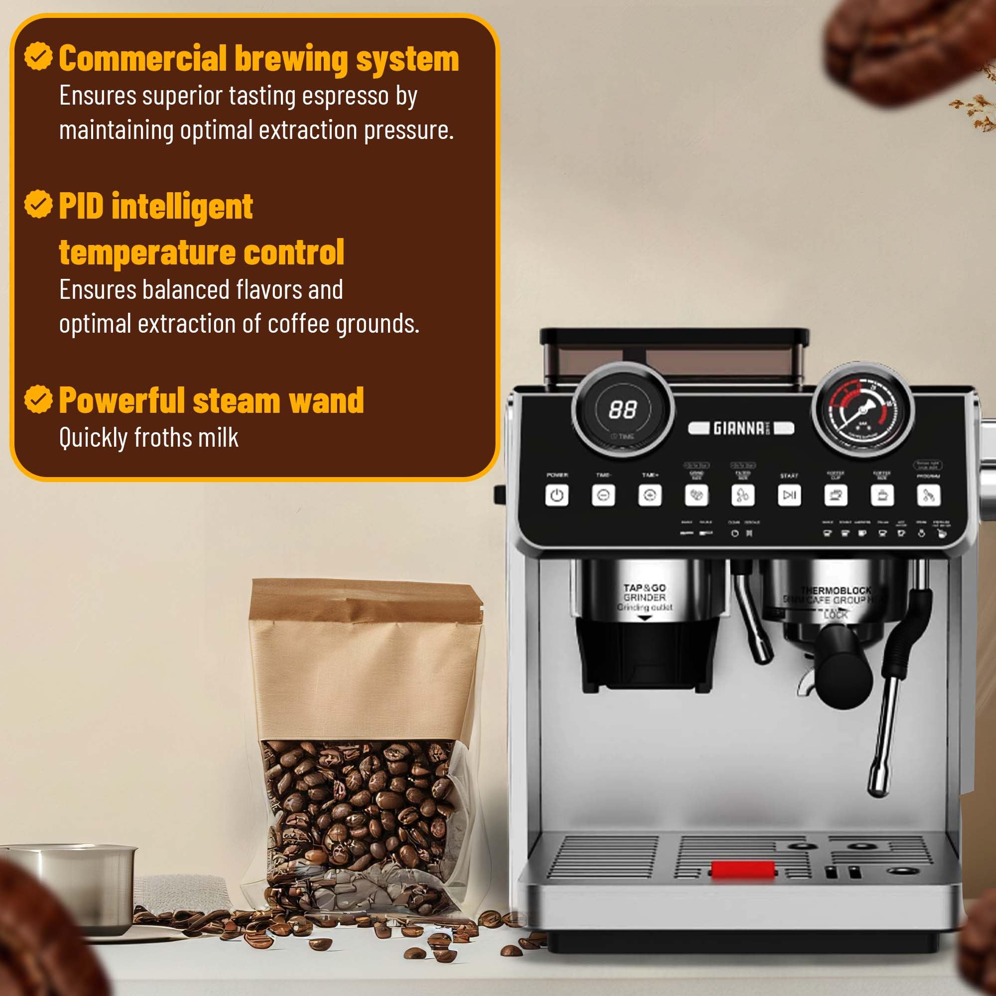 Professional GIANNA 20 Bar Espresso Machine with Built-in Grinder & Milk Frother - Removable Water Tank for Easy Cleaning - Perfect for Making Latte, Cappuccino at Home or Office - Compact Coffee Maker for Small Spaces & Daily Use