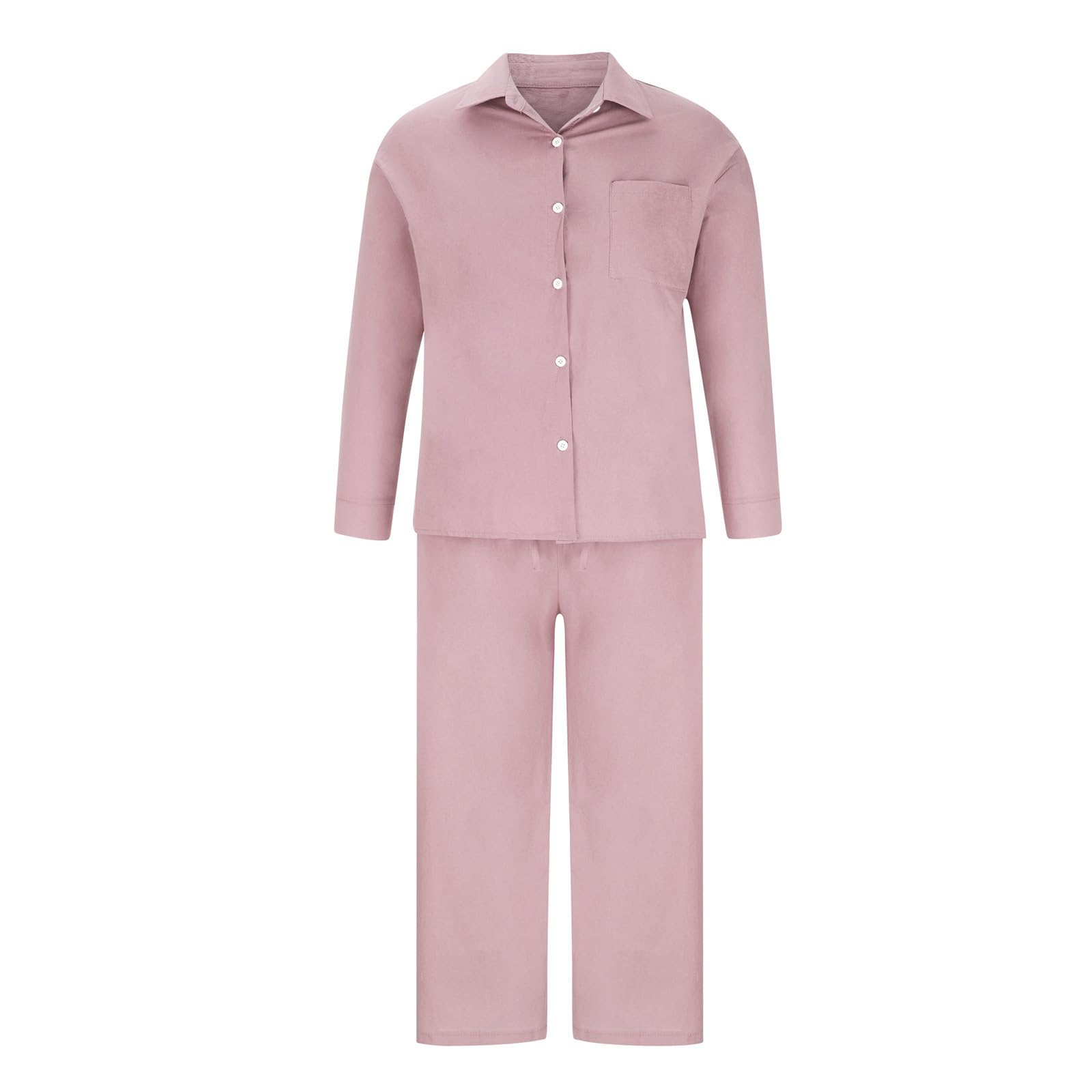 Women's 2-Piece Cotton Linen Outfit - Long Sleeve Shirt & Wide Leg Pants for Casual Wear