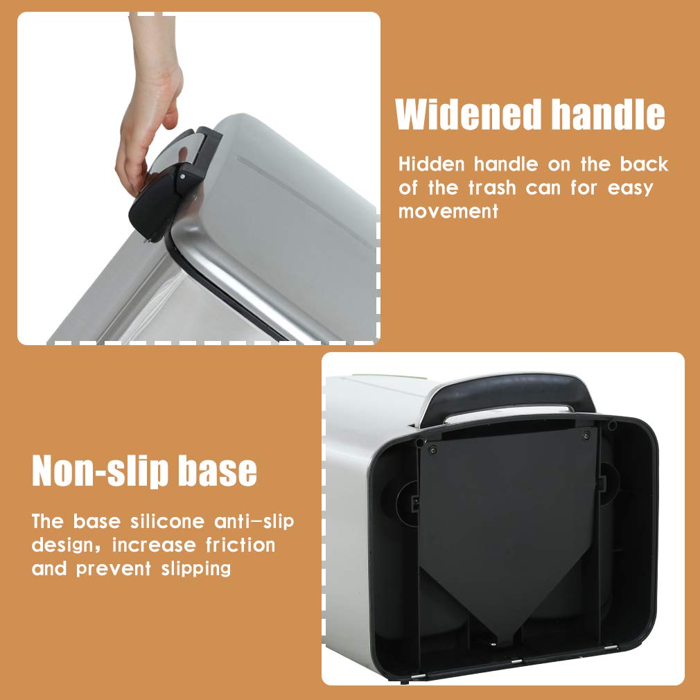 10 Gallon (40L) Stainless Steel Step Trash Can with Lid - Large Metal Waste Bin for Office, Kitchen, Bathroom - Includes 2 Removable Liner Buckets - Perfect for Recycling, Garbage Disposal & Home Organization