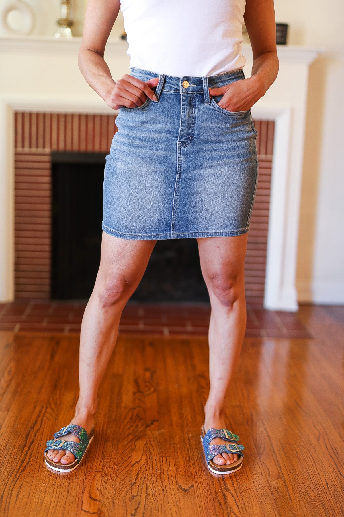 Judy Blue Medium Wash High Rise Tummy Control Denim Skirt for Women - Slimming Stretch Jeans Skirt for Casual Outfits & Date Nights