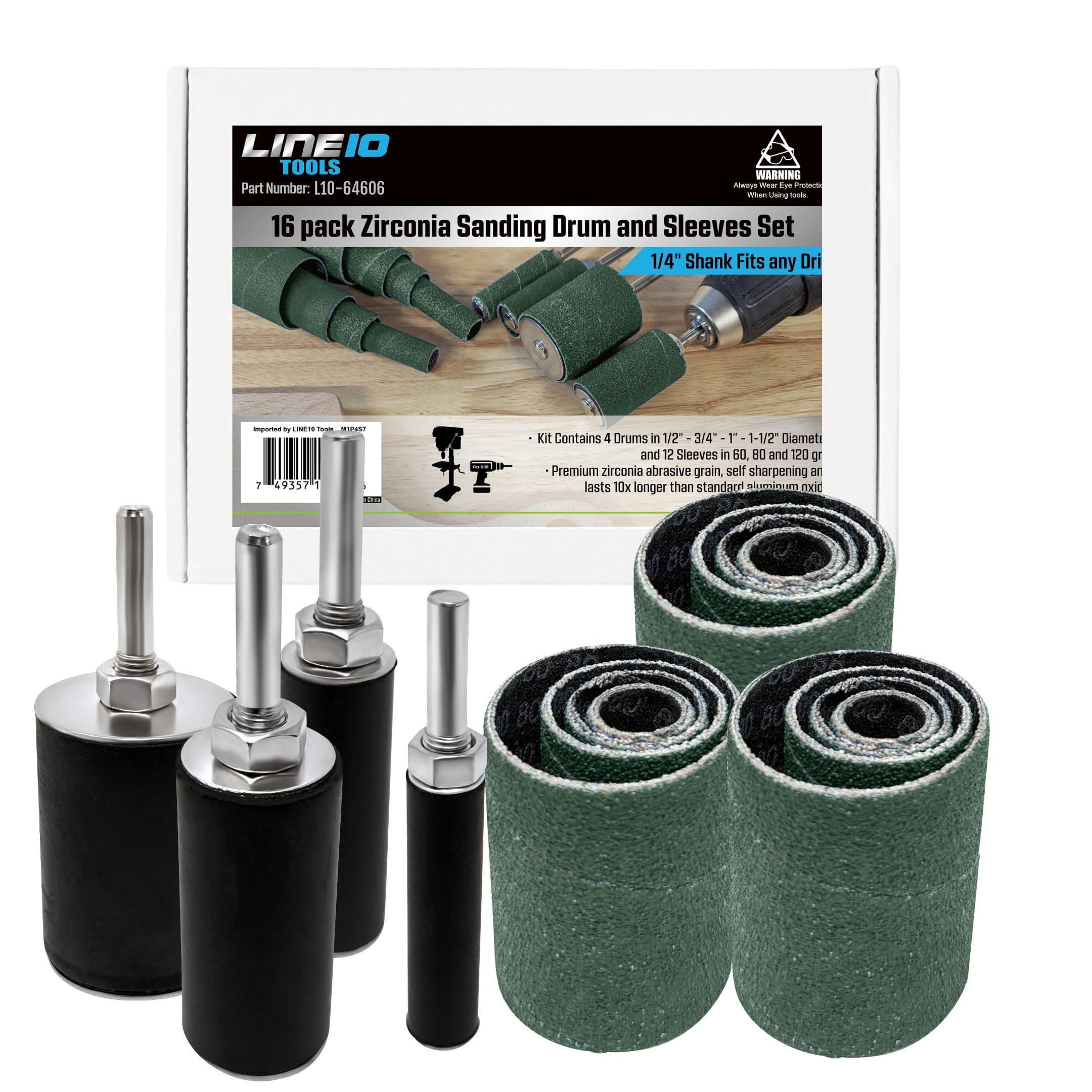 LINE10 Tools 16-Piece Zirconia Sanding Drum and Sleeves Set - 2-Inch Extra Long Surface Spindle Sander Attachment for Drill, Drill-Press & Die Grinder - Perfect for Knife Making, Metalworking & Woodworking - Works on Stainless Steel, Aluminum & Hardwoods