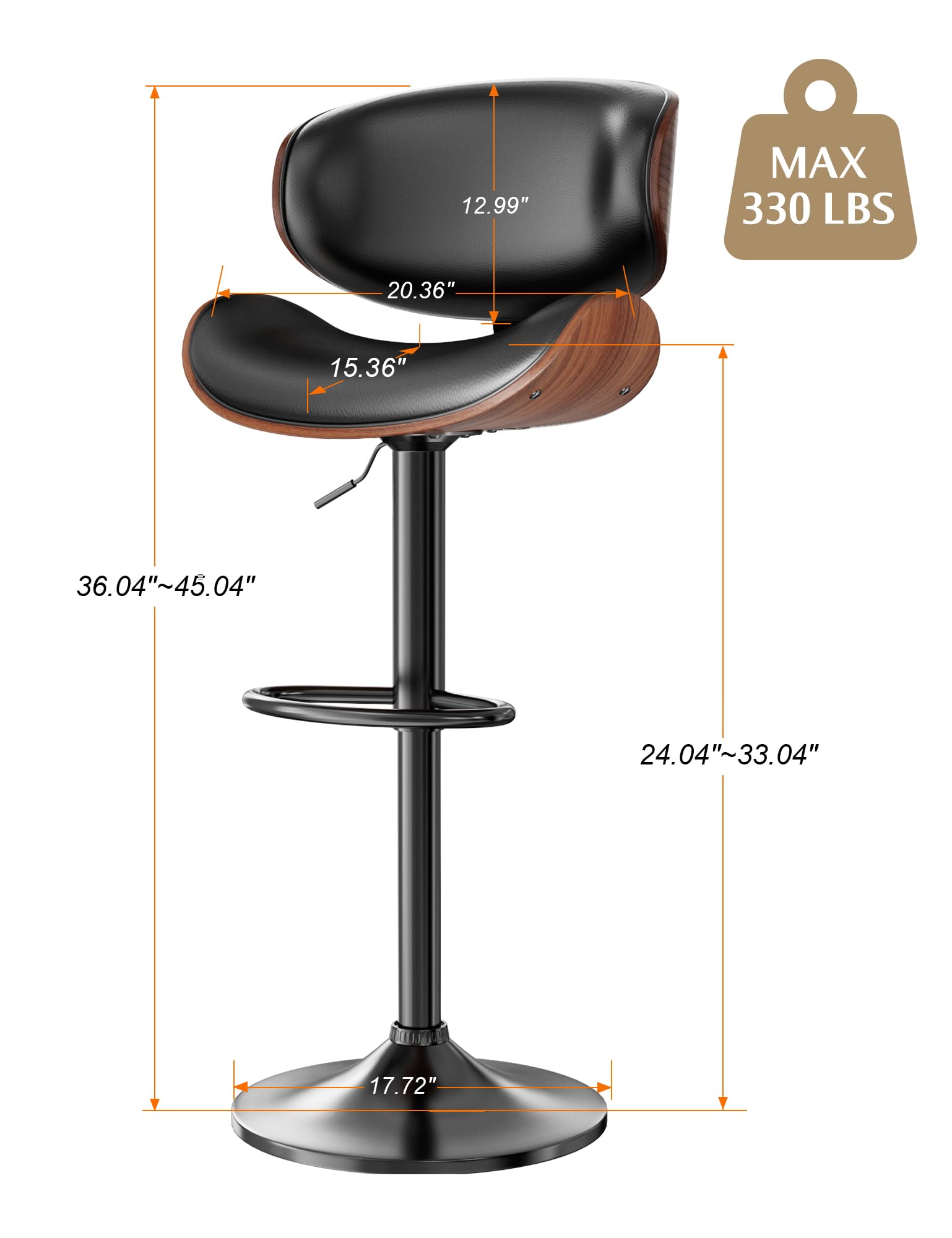 2 Pack Adjustable Swivel Bar Stools with Backrest & Footrest - Modern PU Leather Upholstered Bentwood Bar Chairs for Kitchen Counter, Dining Room & Home Bar - Perfect for Entertaining, Breakfast Nooks & Kitchen Islands (Black)