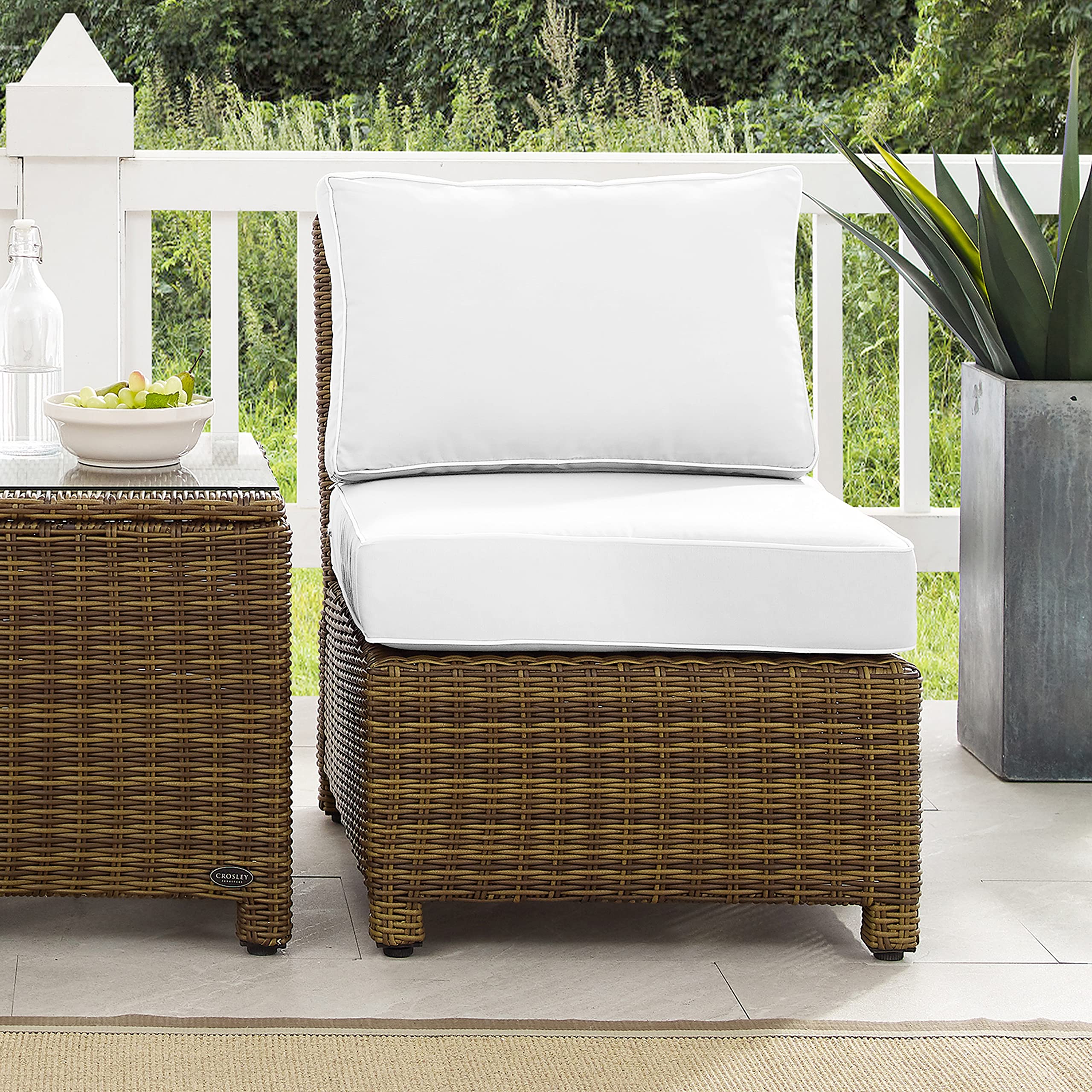 Crosley Bradenton Armless Wicker Outdoor Sectional Chair with Sunbrella Cushions - Brown Patio Furniture for Porch, Deck & Garden Relaxation