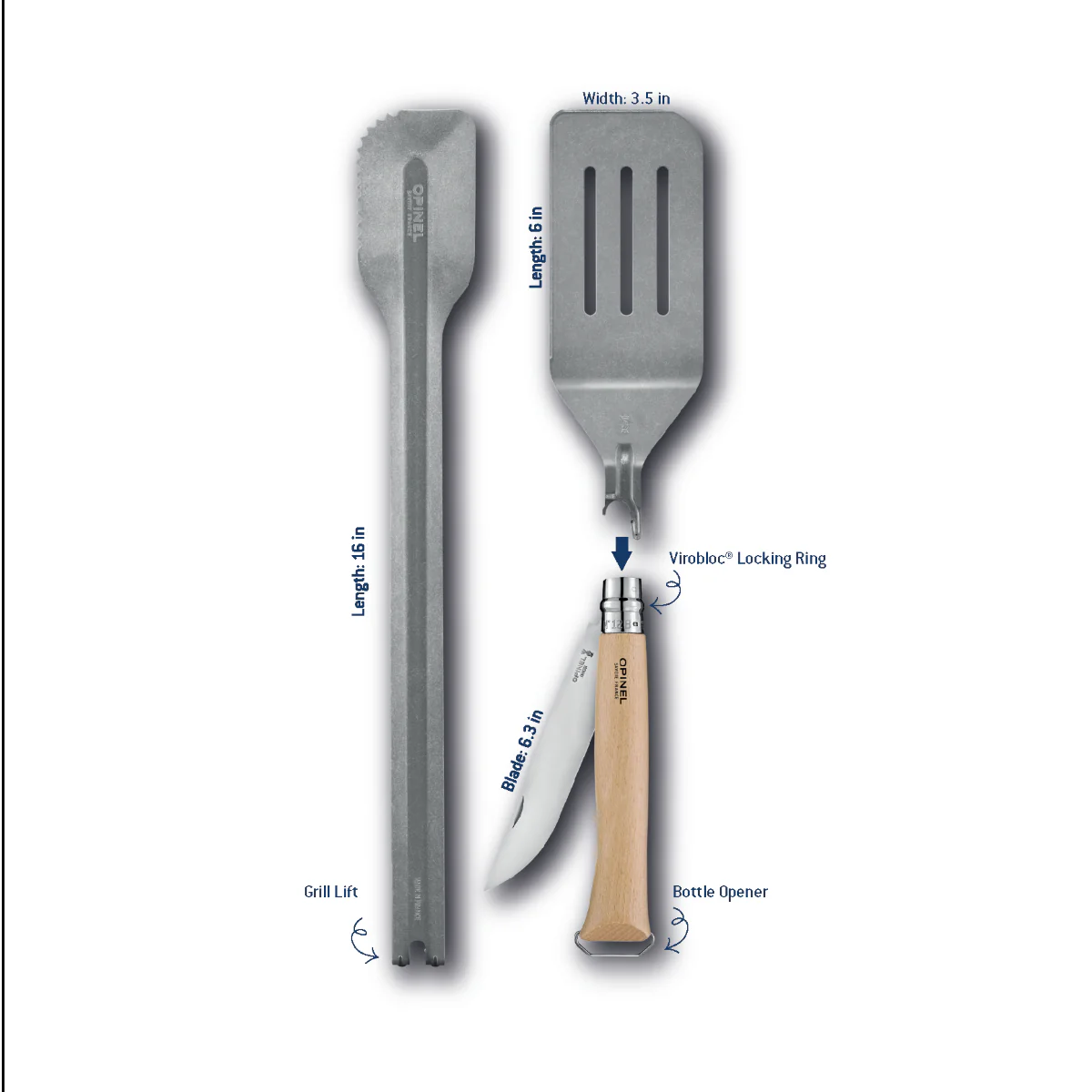 Opinel 3-Piece BBQ Grill Set - High-Quality Stainless Steel Knife, Fork, and Spatula for Outdoor Cooking, Camping, and Picnics